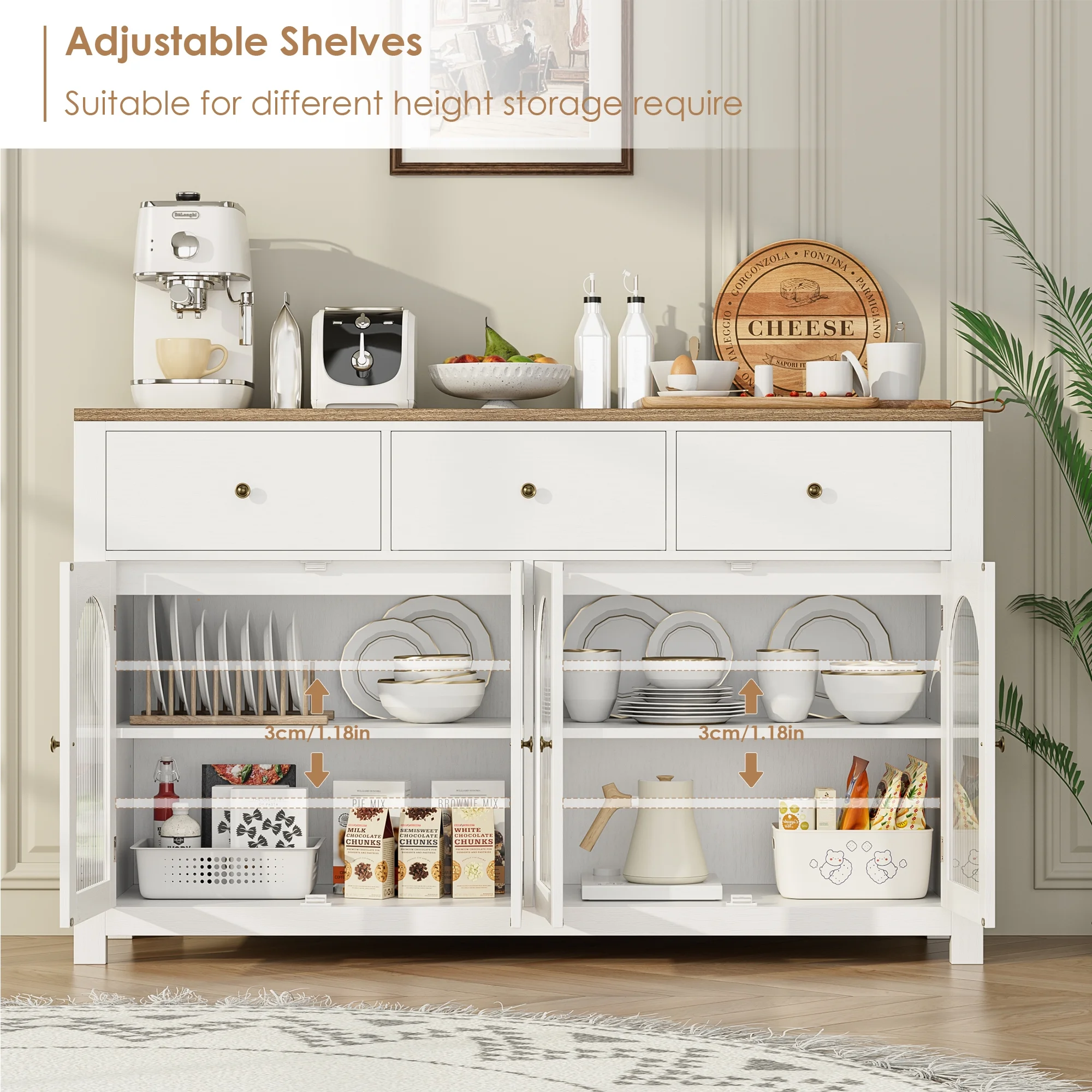 55'' Large Sideboard Buffet Cabinet, Kitchen Storage Cabinet with 3 Drawers and 4 Glass Doors, Wood Coffee Bar Cabinet for Living Room, White(White) - Image 4