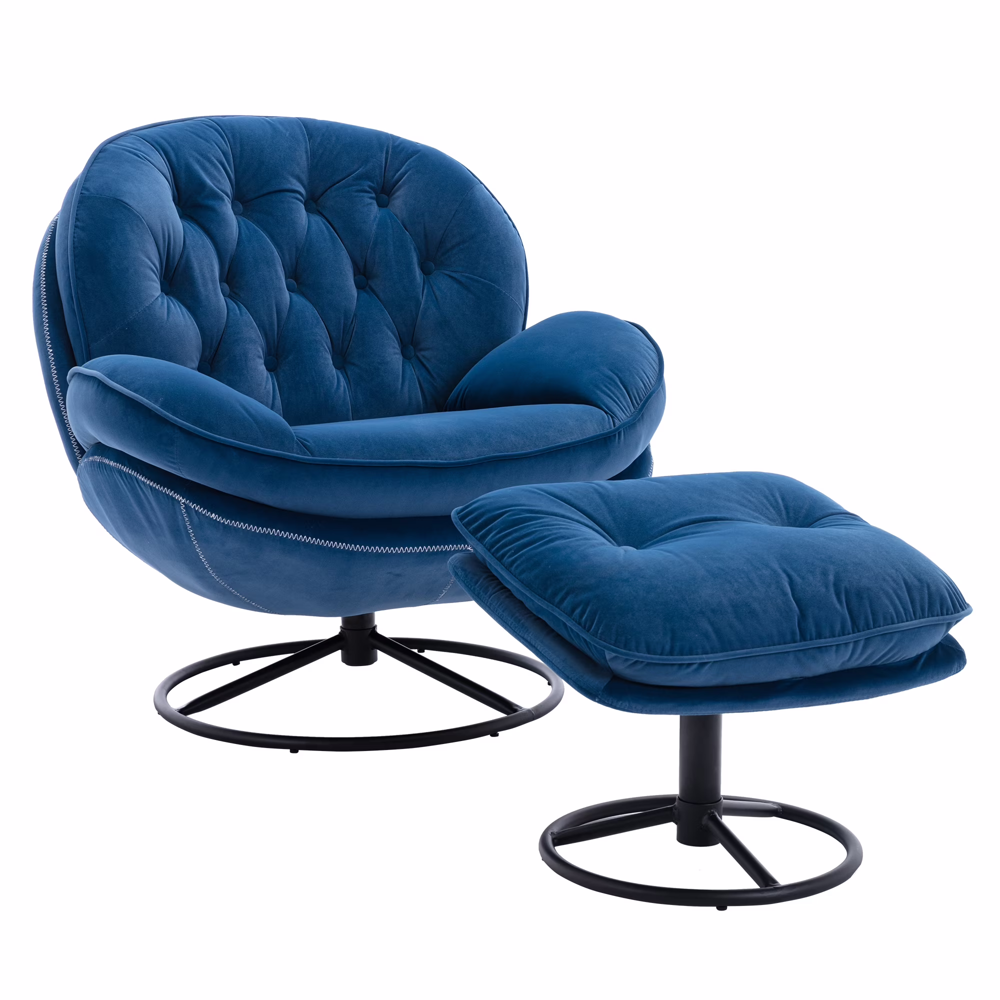 Swivel Accent Chair with Ottoman, Velvet Accent chair with Footrest, Mid-Century Modern Lounge Chair and Ottoman Set, Reading Chair for Living Room, Bedroom, Reading Room, Home Office, Blue(Blue)