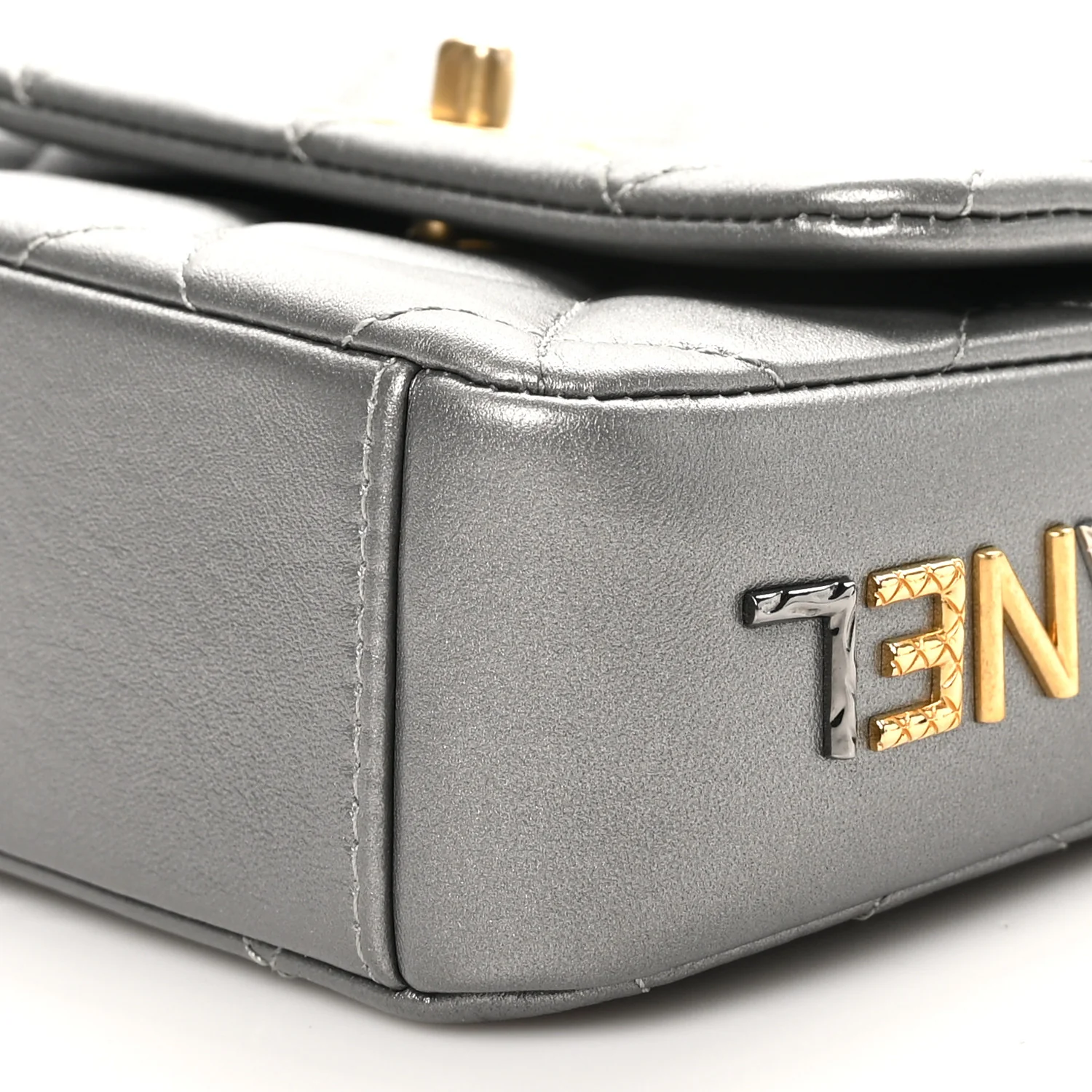 Metallic Lambskin Quilted Mini Side Note Flap Grey