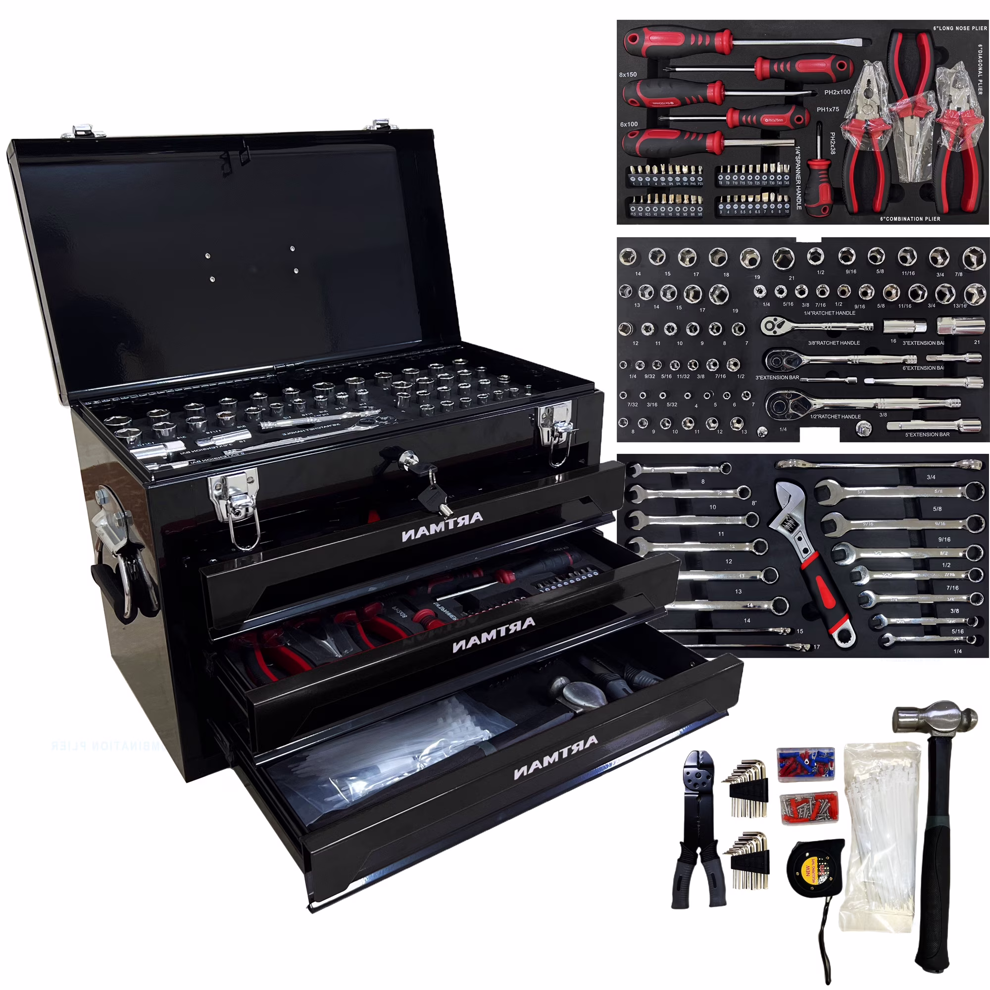 Tool Set 439pcs with 3 Drawers Tool Box Organizer, Mechanic Tool Set for Home, Tool Box Set 4-Tier Socket Wrench Ratchet Plier Nails, Home Tool Set Mechanics Kit for Adults Man Handyman, Red(Red) - Image 3
