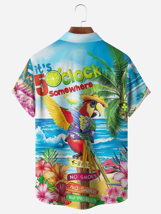 Chemise hawaïenne à manches courtes avec poche poitrine et motif perroquet « Il est 17 heures quelque part »