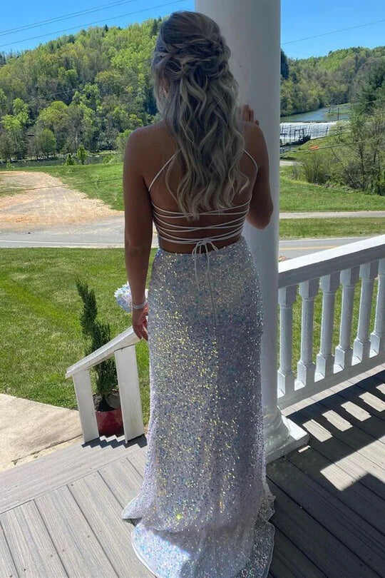 Mermaid White Sequins Long Prom Dress with Slit Formal Evening Dresses DM1891