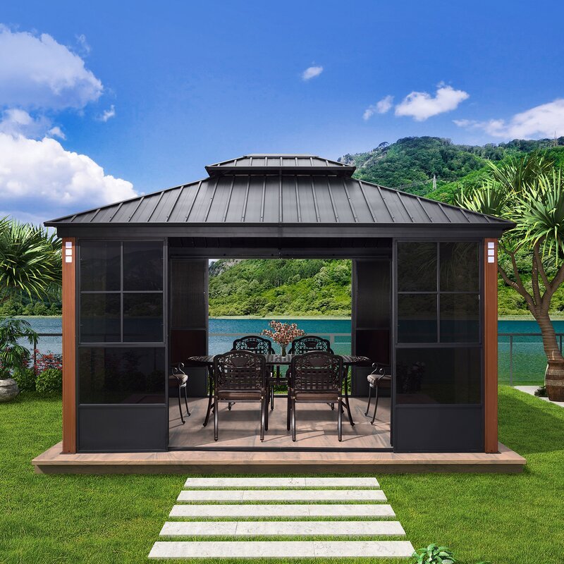 Gazebo de patio en métal à deux niveaux de 4,27 m de large x 3,66 m de profondeur