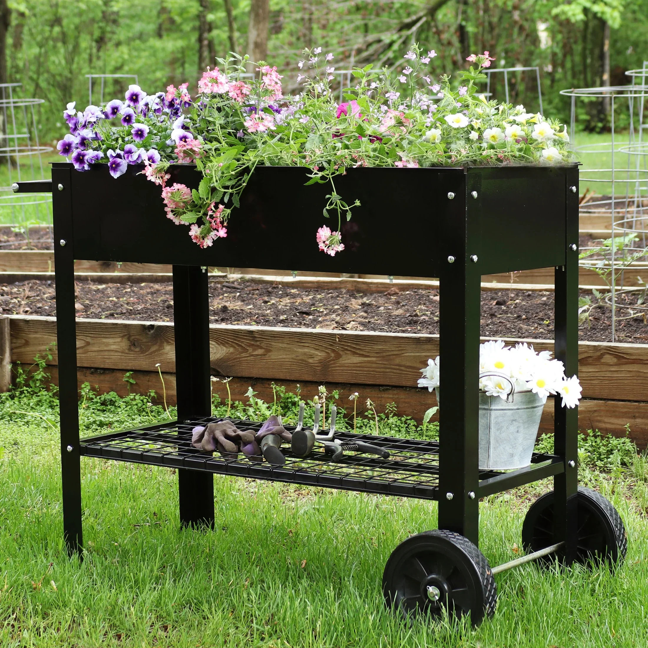 Sunnydaze 43.5 x 20.75 x 31.75 Blue Galvanized Steel Raised Garden Bed Cart with Wheels