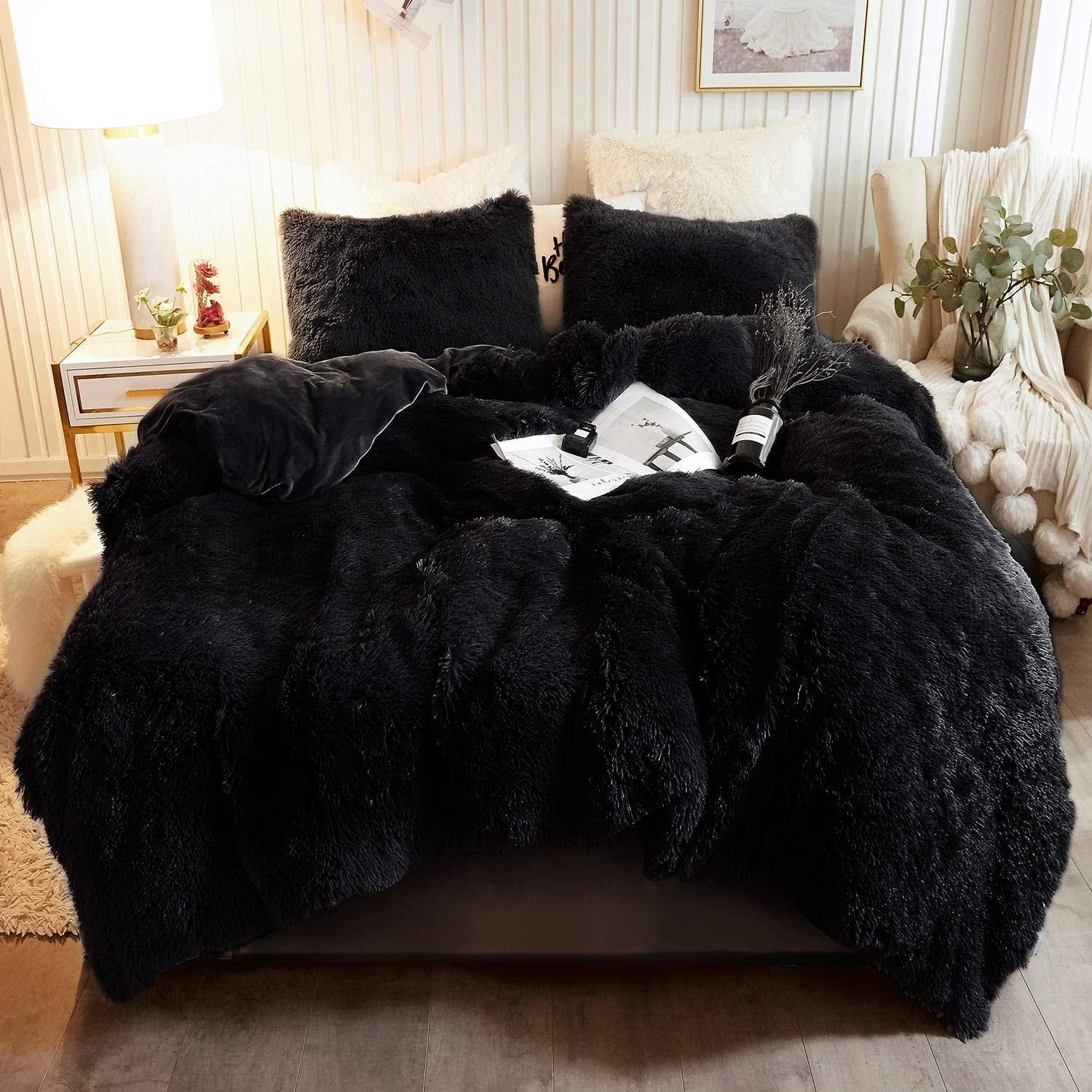 XeGe 3 Pieces Furry Plush Duvet Cover Set Black Faux Fur Comforter Cover Set Luxury Soft Velvet Fuzzy Fluffy Bedding Set Shaggy Duvet Cover with 2