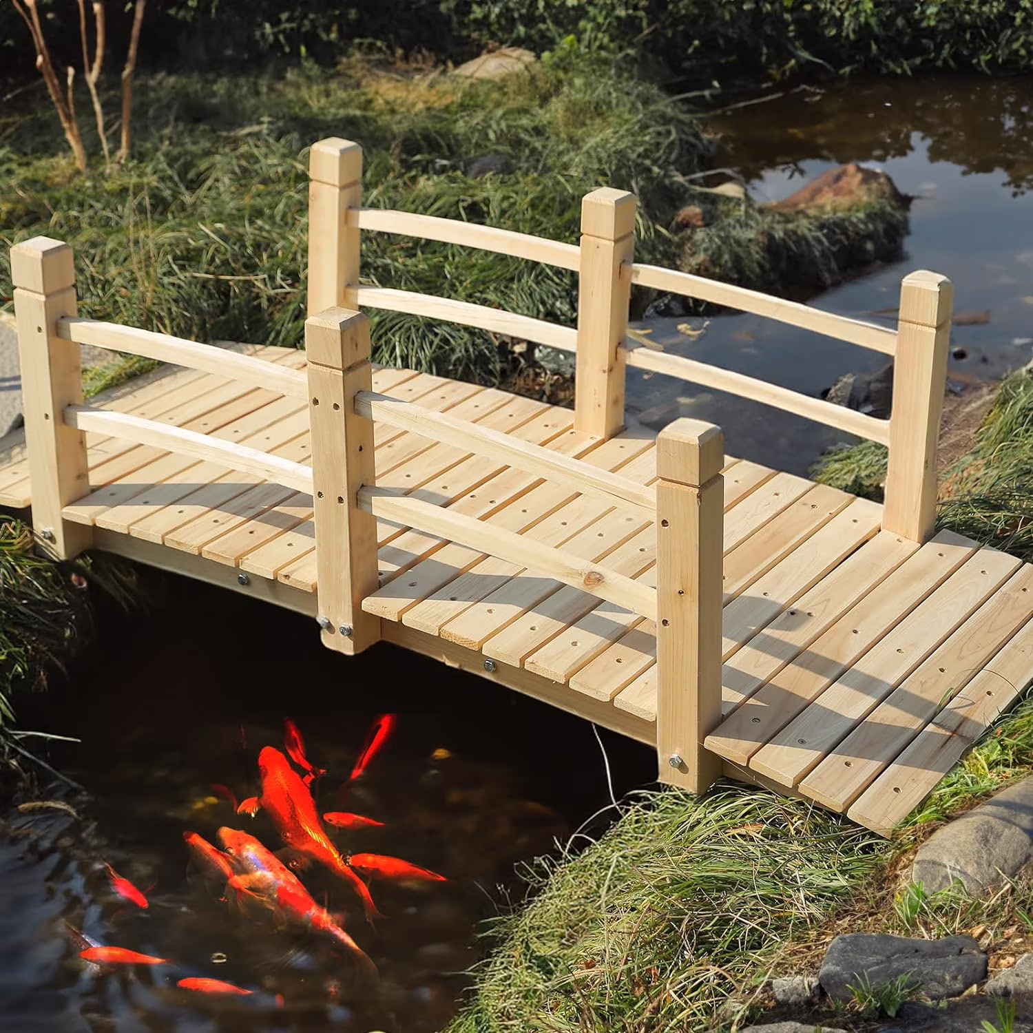 Fir Wood Garden Bridge �C Outdoor Arc Footbridge with Double Railings