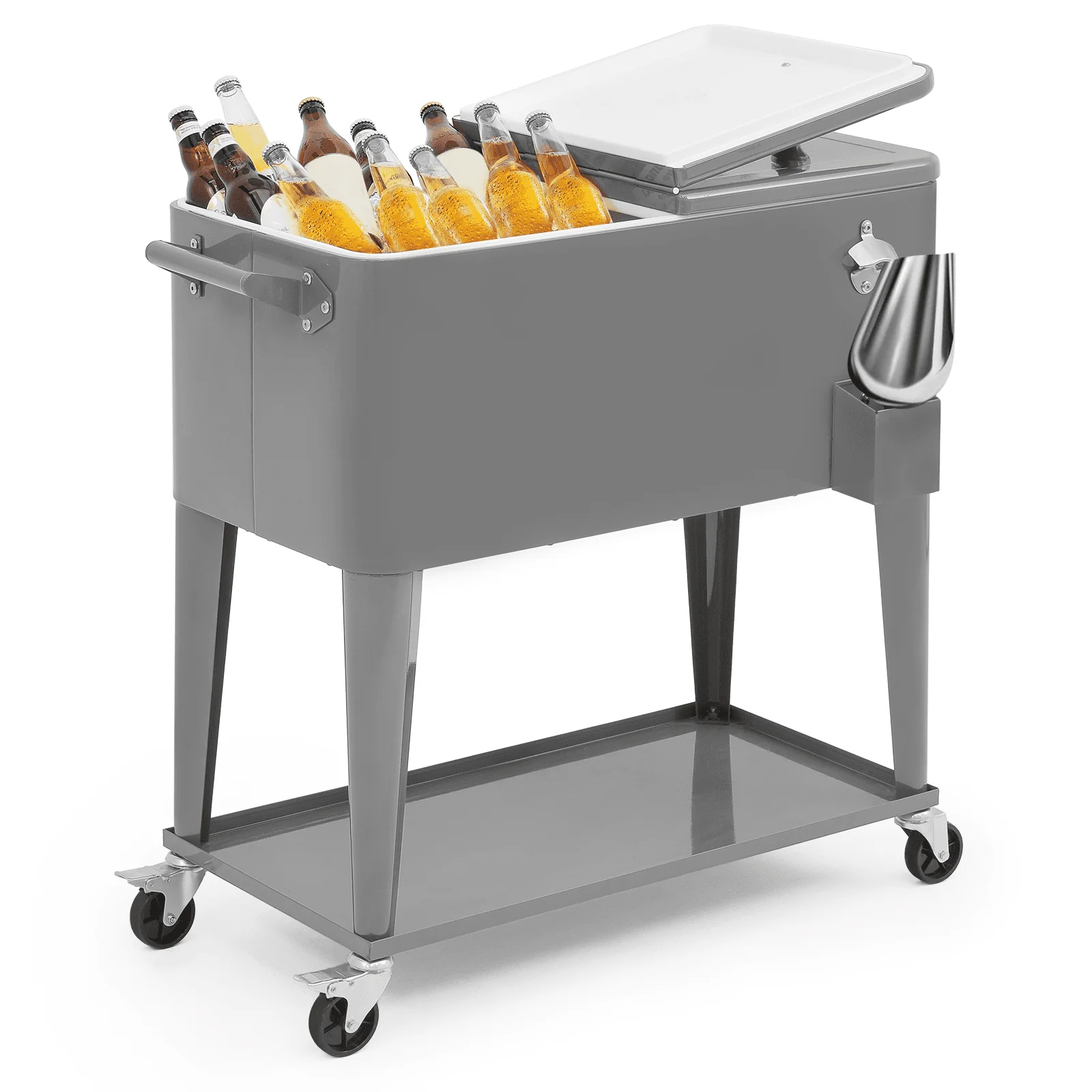 Magshion 80 Quart Rolling Cooler Ice Chest, Portable Bar Cold Drink Beverage Cart Tub, Backyard Cooler Trolley on Wheels with Ice Scoop, Catch Tray Bottle Opener, Pink(Black) Image 6