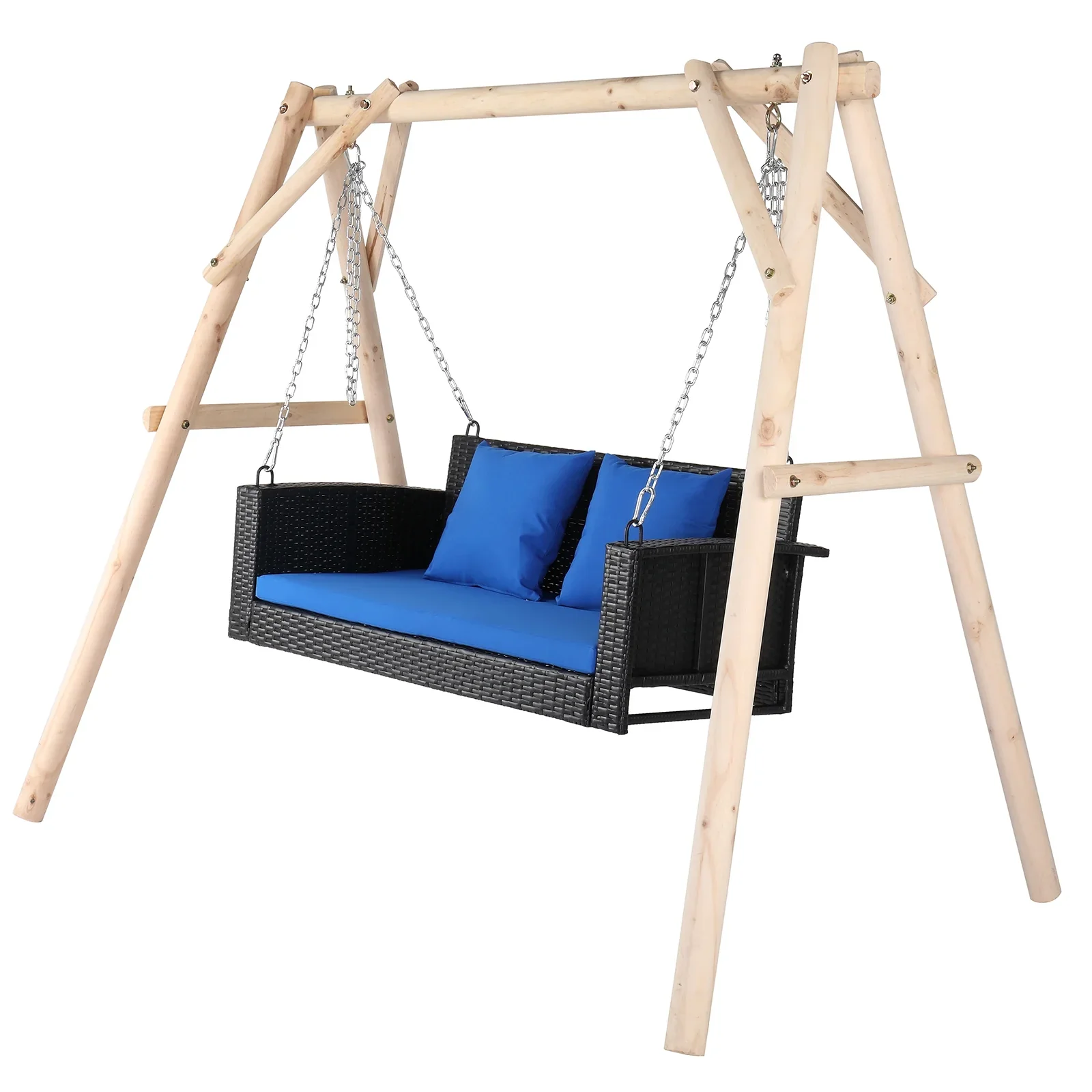 SamyoHome Garden Swing Rattan Wicker  Hanging Swing Bench w/ Blue Cushion