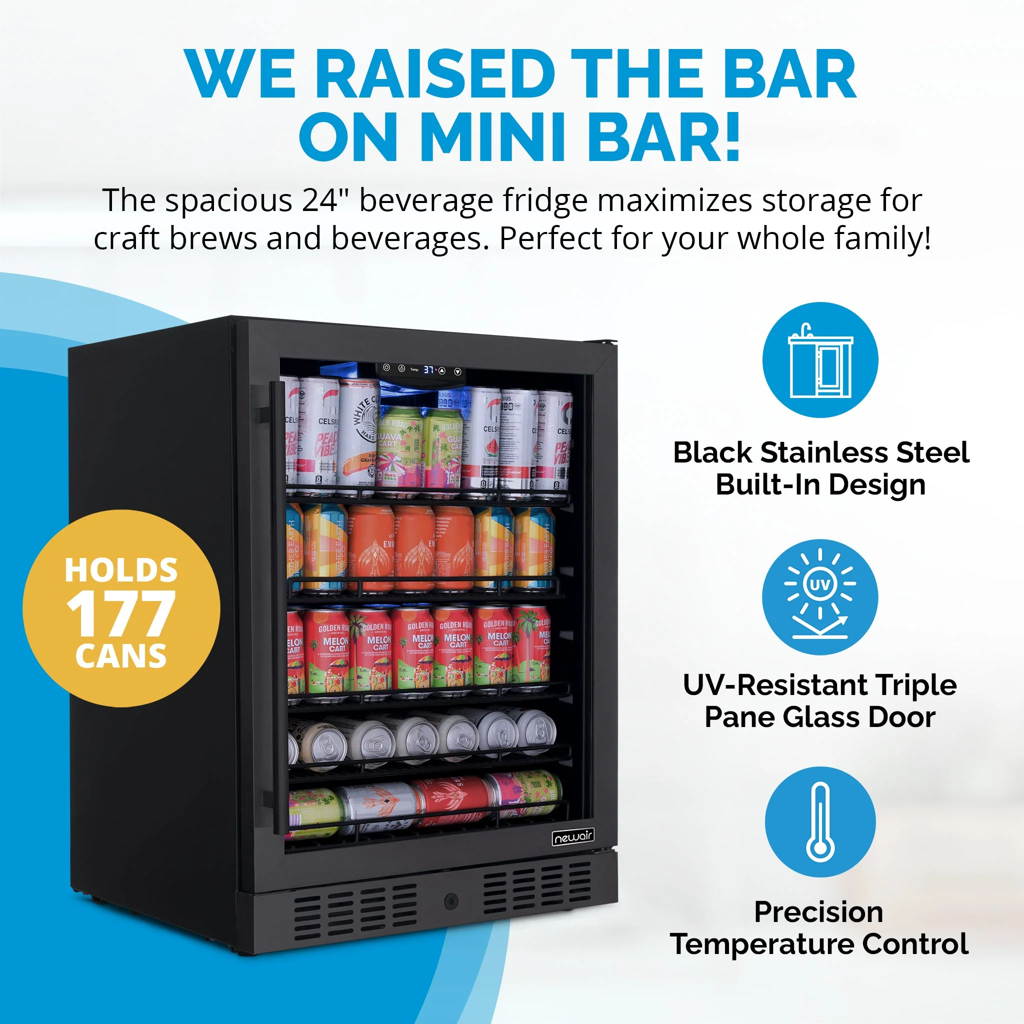 Newair 177-Can Built-In or Freestanding Black Beverage Fridge - 24
