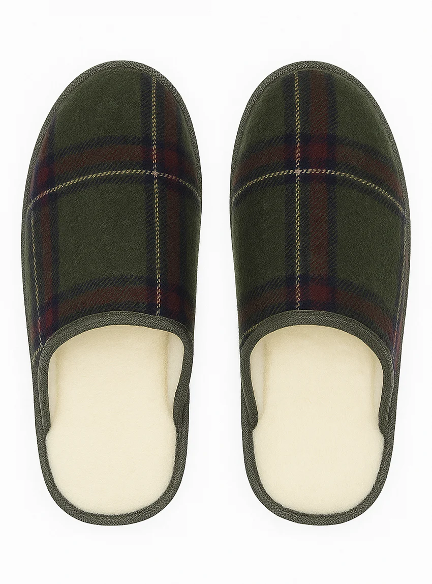 Mules à carreaux made in France vert kaki