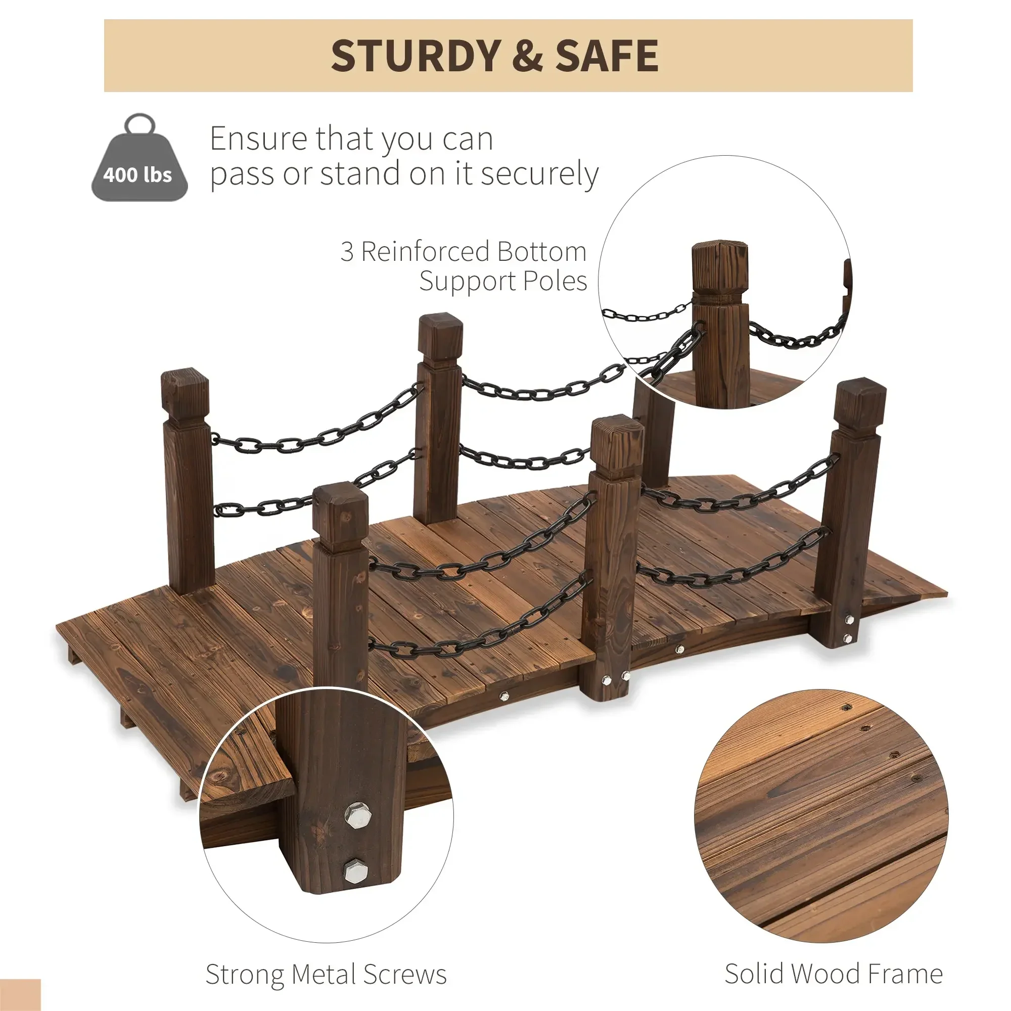 5 ft Wooden Garden Bridge Arc Footbridge with Metal Chain Railings & Solid Fir Construction