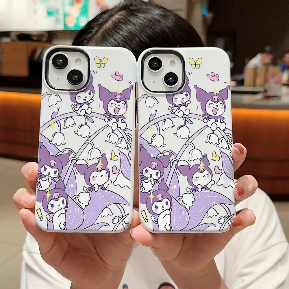 Apple phone case, purple cartoon character lily of the valley print 2-in-1 film phone case, matte/glossy dual finish, shockproof protective cover, suitable for all iPhone 11-17 Pro Max models - wanlinfang