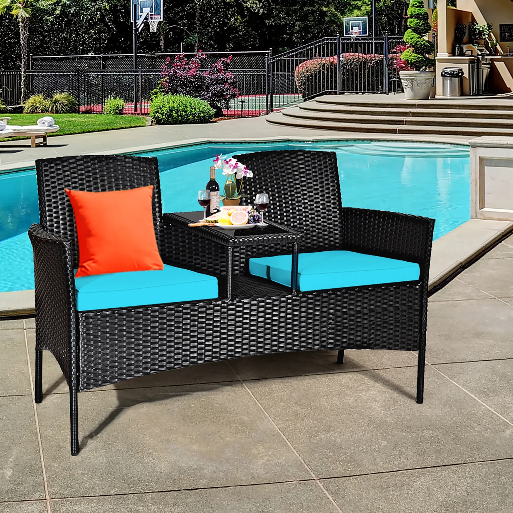 Patio Rattan Conversation Set Seat Sofa Cushioned Loveseat Chairs Turquoise(Turquoise) - Image 5
