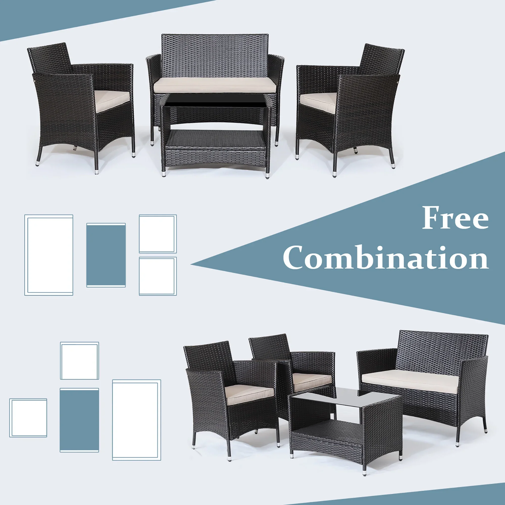 Costway 4PCS Patio Rattan Furniture Set Armrest Cushion Sofa Coffee Table withShelf Garden