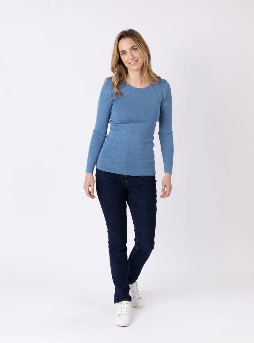Tee-shirt thermique manches longues femme en laine merinos bleu nordique