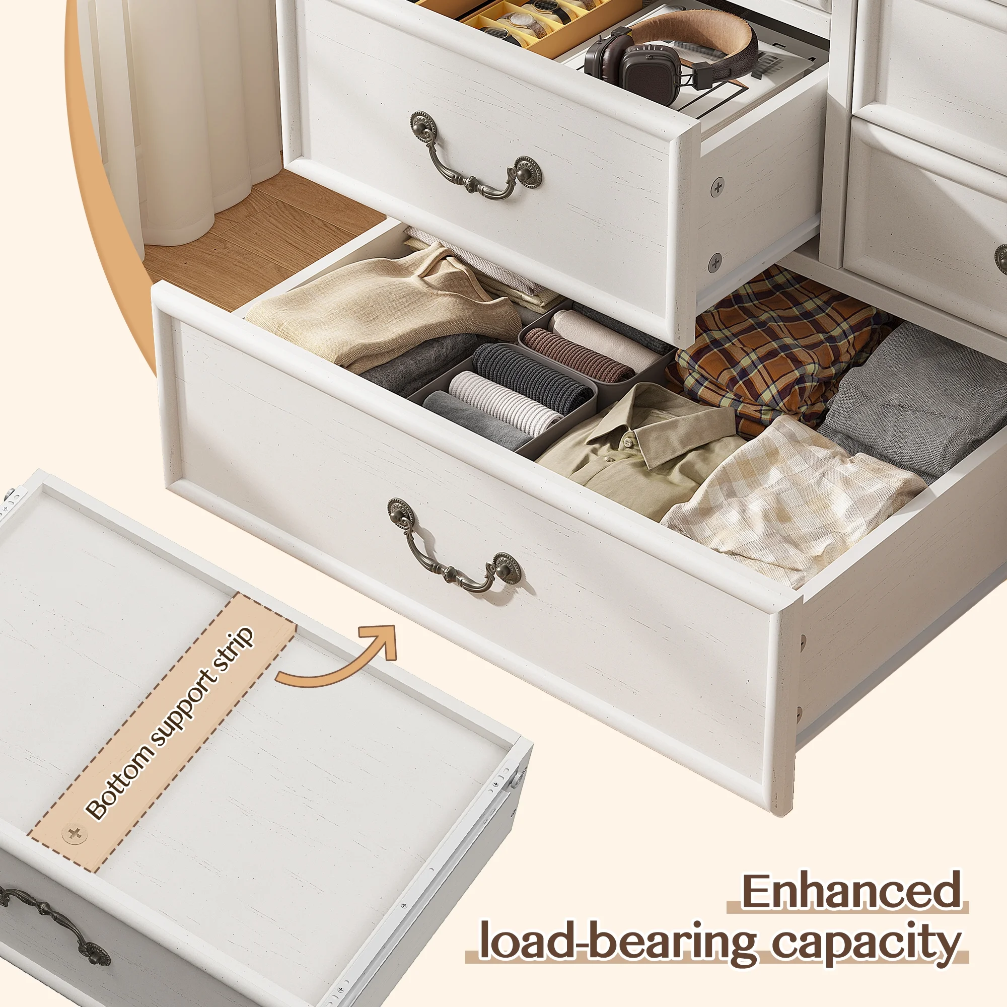 Wood Dressers for Bedroom with 9 Drawers White Dresser Chest of Drawers for Living Room(White/9 Drawers) - Image 4