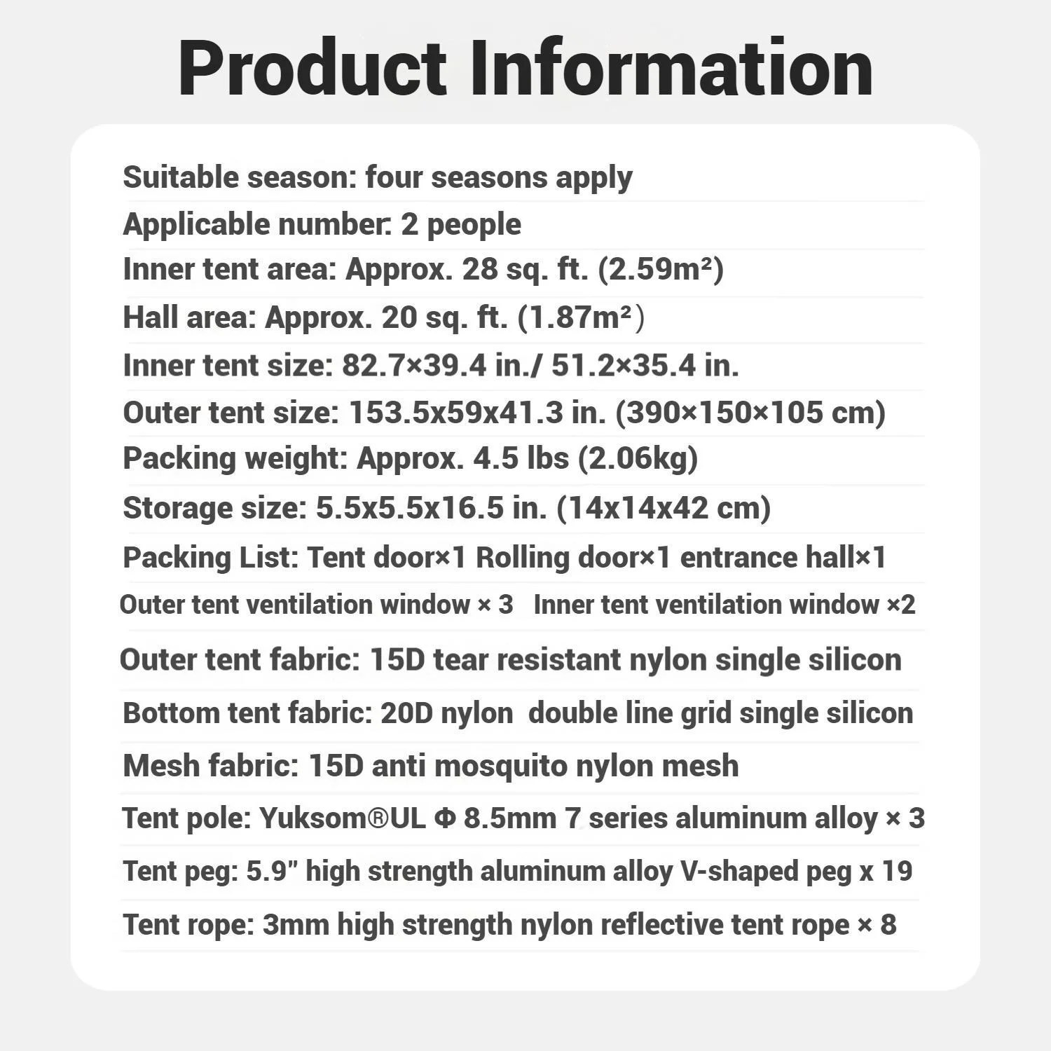 Ultralight Hiking Tent, Tear-resistant Tunnel Tent, Waterproof Camping Tent, Windproof Tent with Hall, 15D Lightweight Silicone-coated Nylon Fabrics,Large size for 2/3 Person.(Olive Green: 2-person) - Image 7