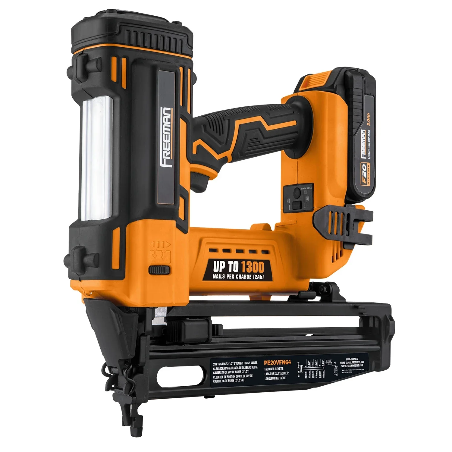 Freeman PE20VFN64 20 Volt Cordless 16-Gauge 2-1/2 Straight Finish Nailer Kit with Lithium Ion Battery, Charger, Bag, and Nails (200 Count) �C 1300 Shots per Charge