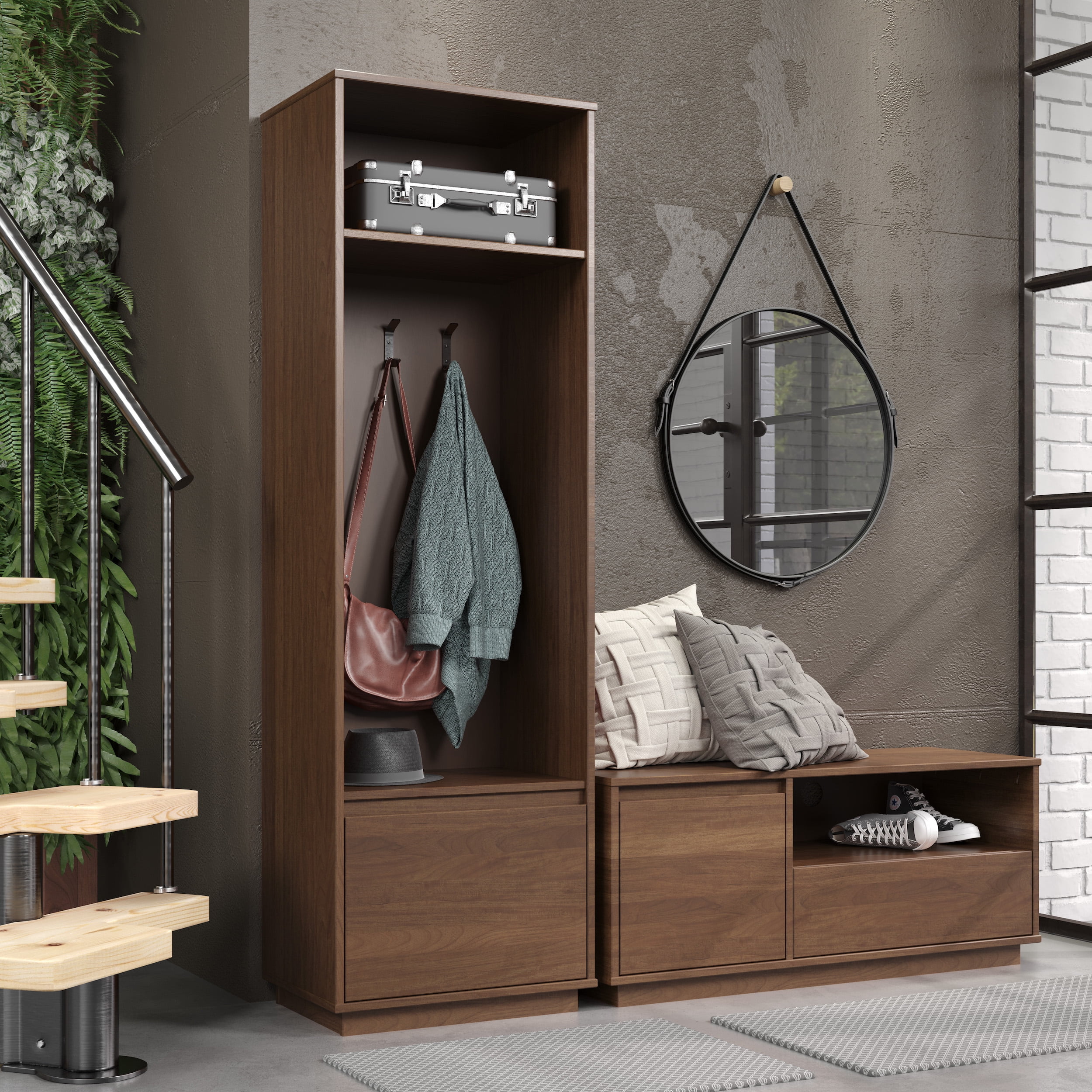 Linon Winston Mid-Century Hall Tree with Cubby and 3 Hooks, Walnut