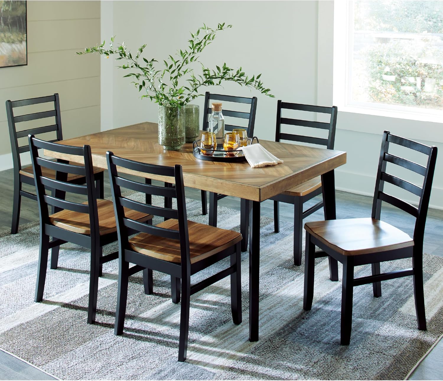 Signature Design by Ashley Blondon Rectangular Dining Room Table Set with 6 Chairs, Chevron Pattern, Tapered Legs, Seats 6, Wood, 60