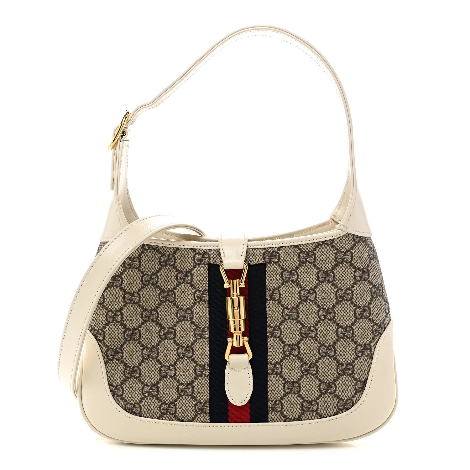 GG Supreme Monogram Azalea Calfskin Web Small Jackie 1961 Hobo Beige Ebony Mystic White