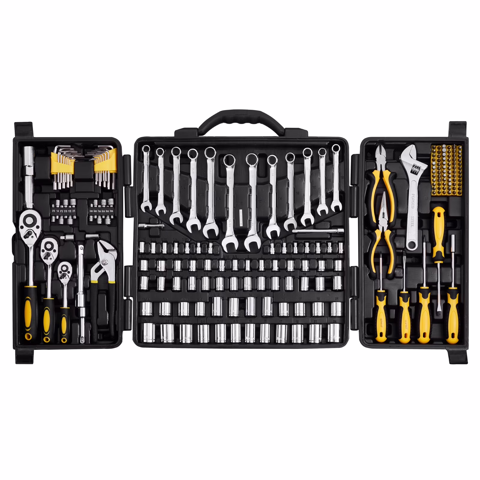 VEVOR 207-Piece Mechanics Tool Set, 1/4 3/8 1/2 Drive Sockets, SAE and Metric Mechanic Tool Kit with Bits, Wrenches, Ratchet Handle, Accessories, and Plastic Storage Case, for Automotive Repair