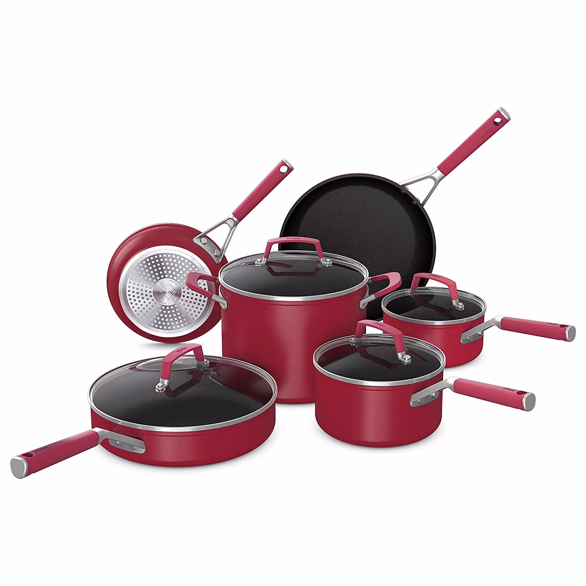 Foodi NeverStick Vivid Oven Safe 10 Piece Pots and Pans Cookware Set(Red)