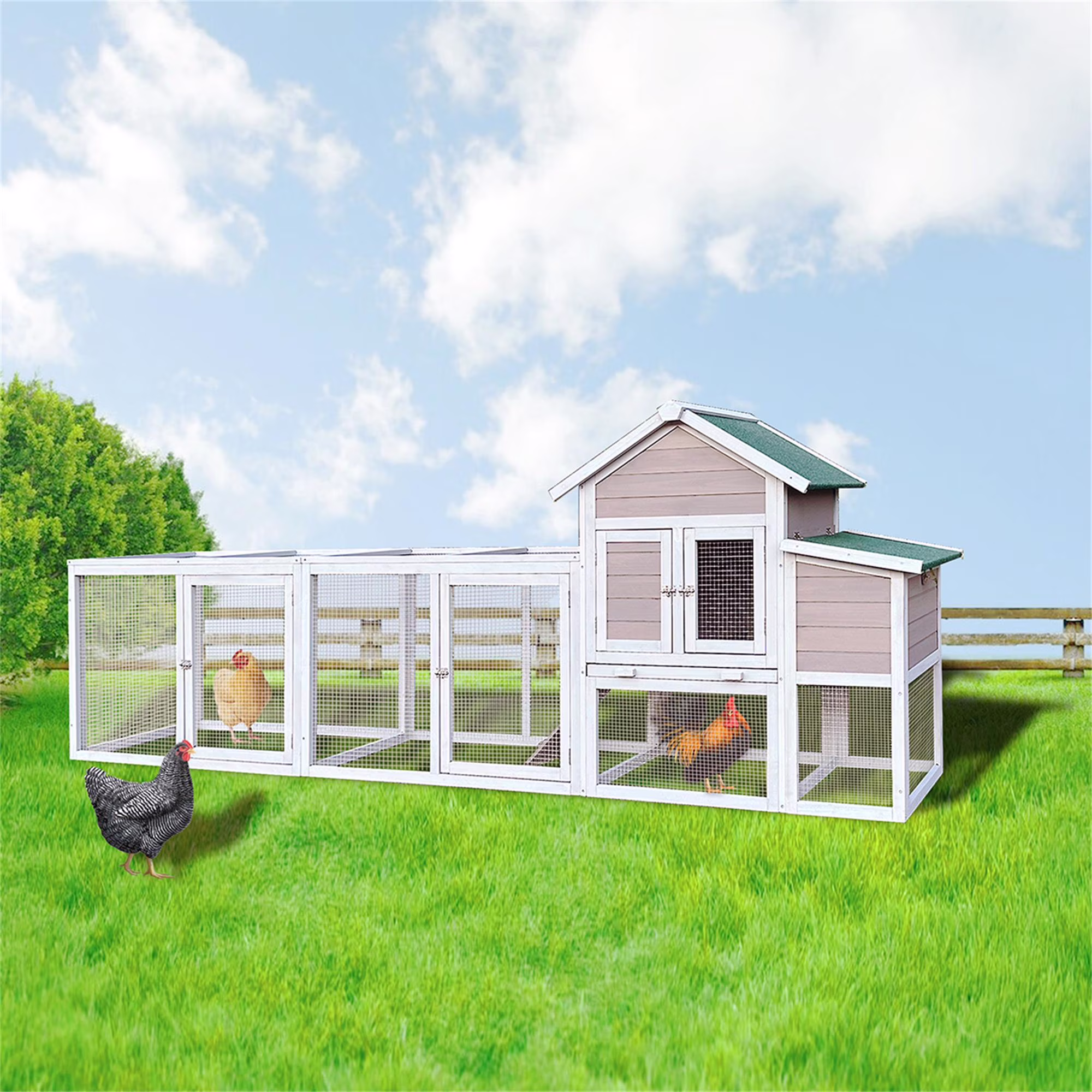 112" Large Rabbit Hutch Outdoor Wood Chicken Coop, Hen House with Nest Box, Wire Fence Poultry Cage, Orange(Orange) - Image 3