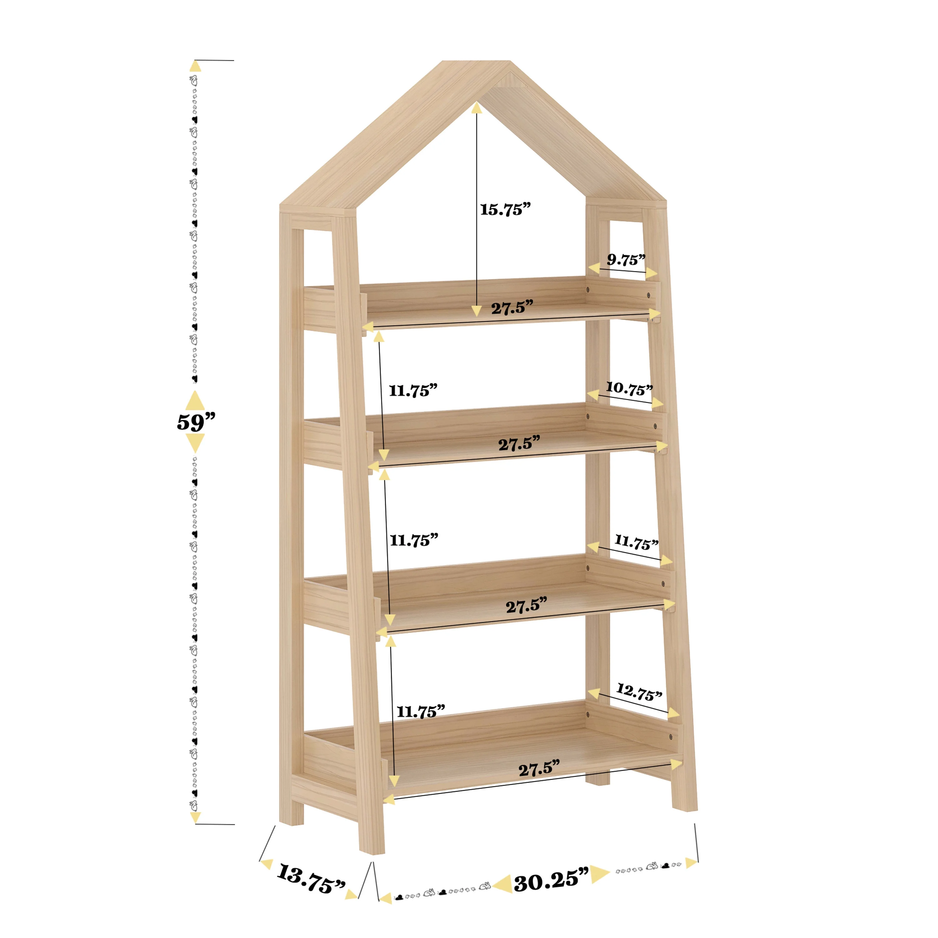 Kids Open-Style Wooden Bookshelf with 4 Shelves and Covered Triangular Top, Natural(Natural) - Image 6