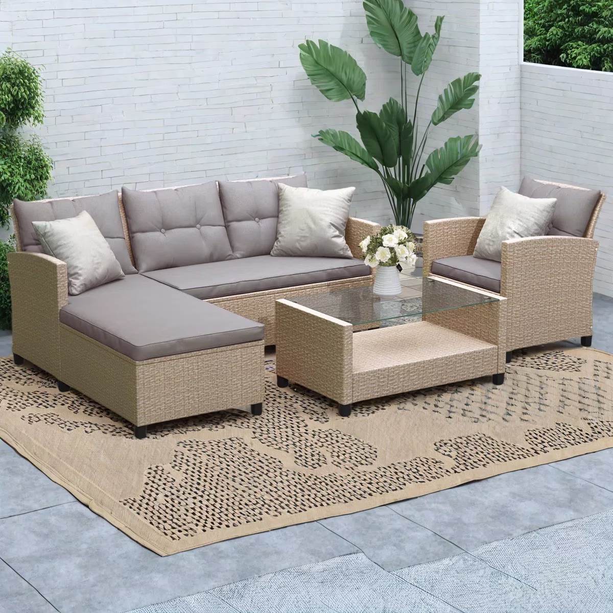 Outdoor Furniture Set, 4 Pieces  PE Wicker Rattan Patio Conversation Set with Table & Lounge Chair, All-Weather Cushioned Sectional Sofa Set for Backyard Porch Garden, Gray Cushions