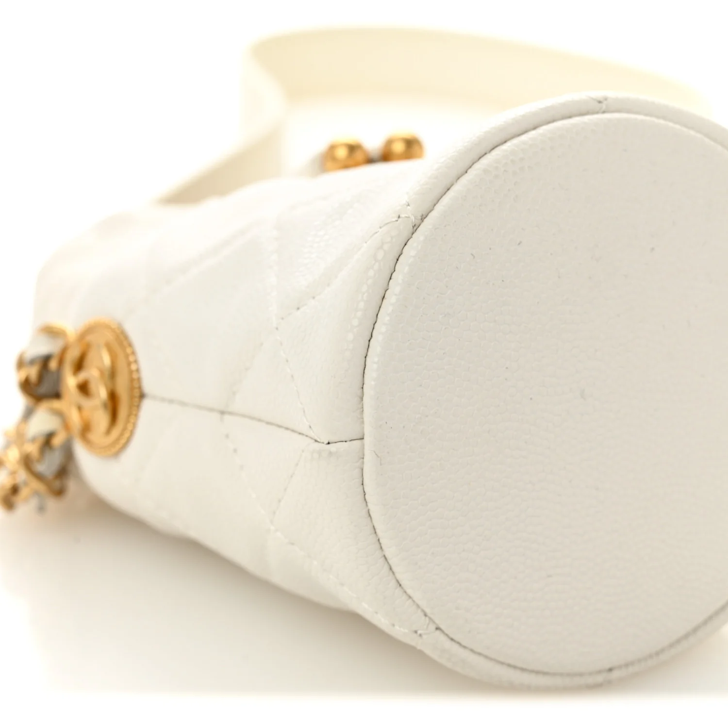 Caviar Quilted Twist Your Buttons Mini Bucket Bag White