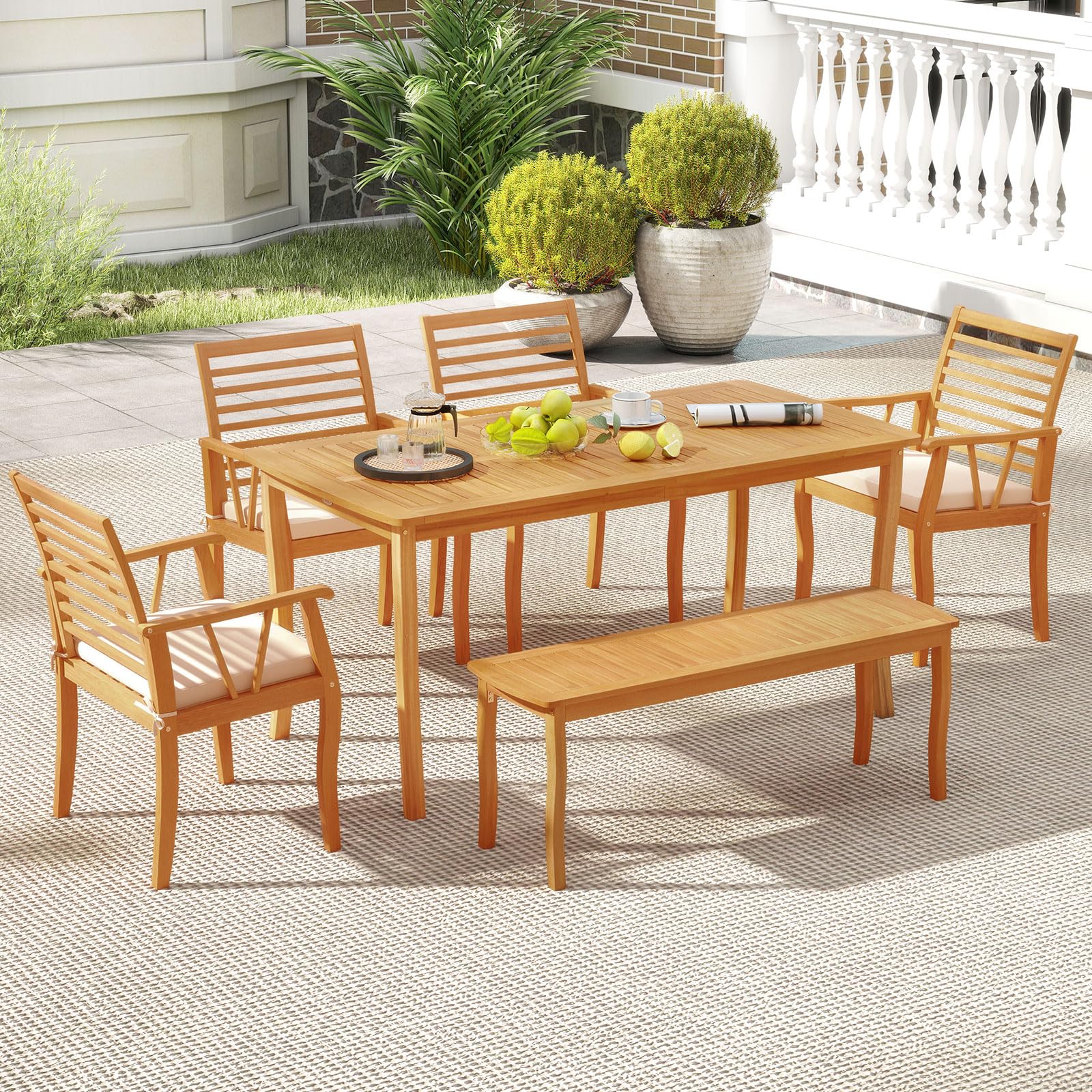Tangkula 6 Pieces Acacia Wood Patio Dining Set with Bench