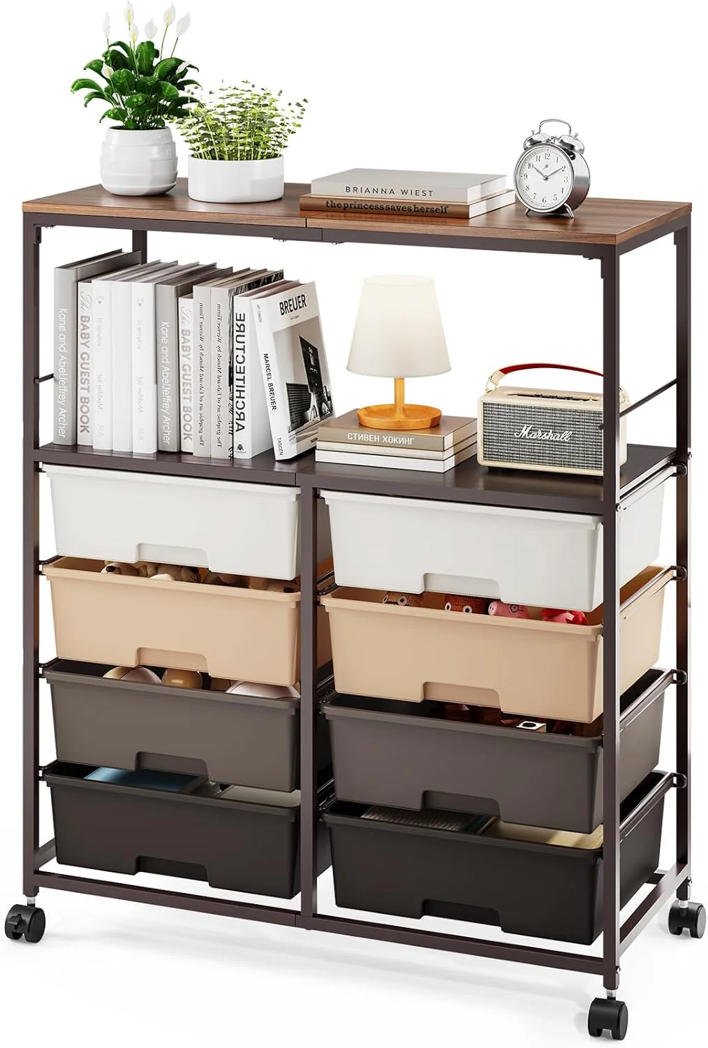 8-Drawer Rolling Storage Cart with Wooden Top & Open Shelves, Multifunctional Utility Cart with Lockable Wheels for Home Office, Craft Room & Classroom, Pink
