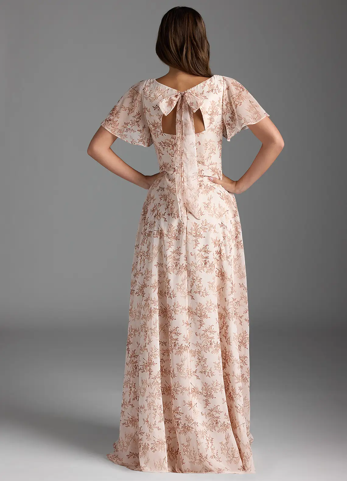 Pink Fern Floral A-Line Flounce Sleeve Chiffon Dress