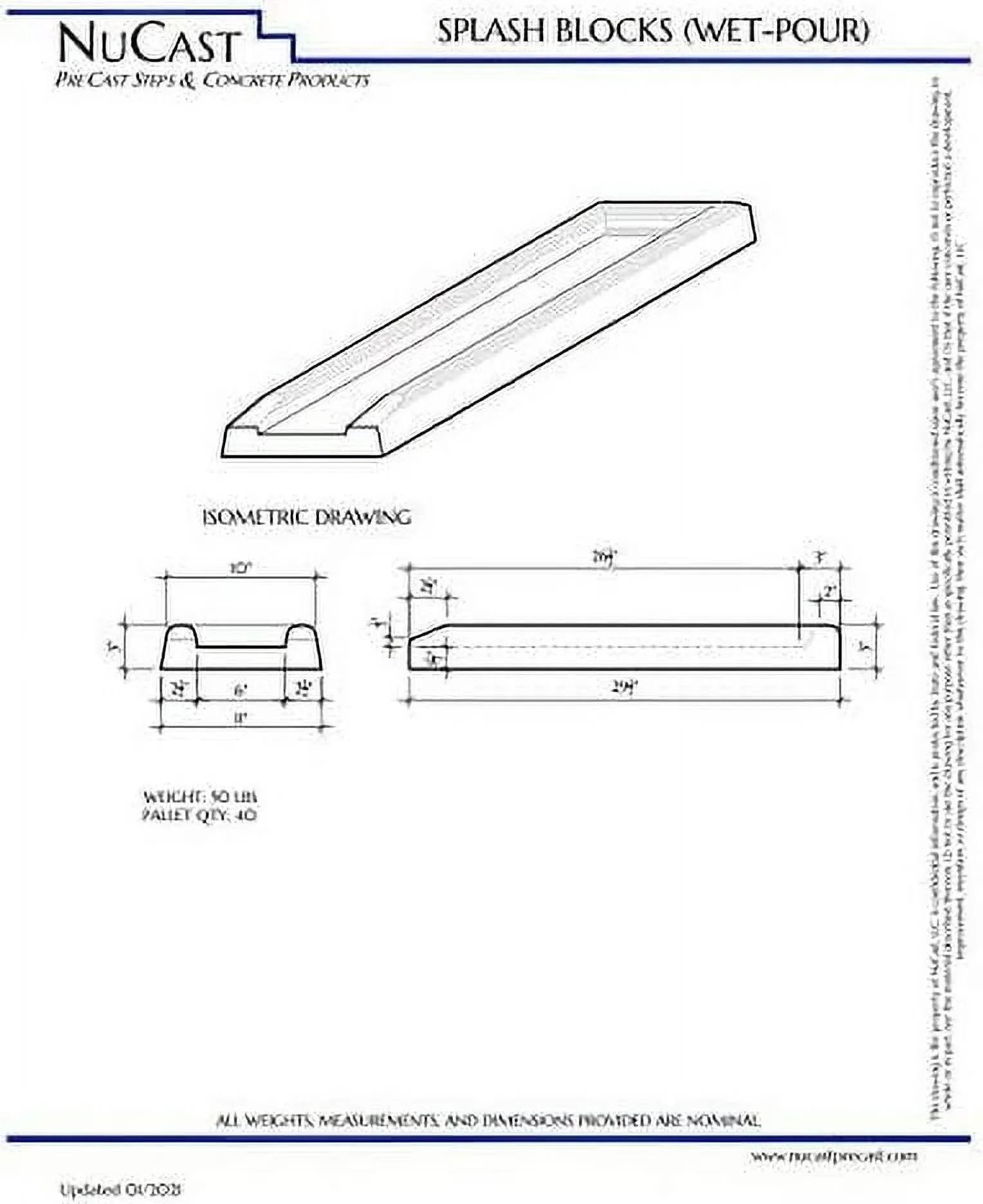 NuCast Precast Concrete Splash Block for Water and Rain Drainage from Home, Gutter, Downspout 3 high x 11 wide x 30 long Solid Concrete