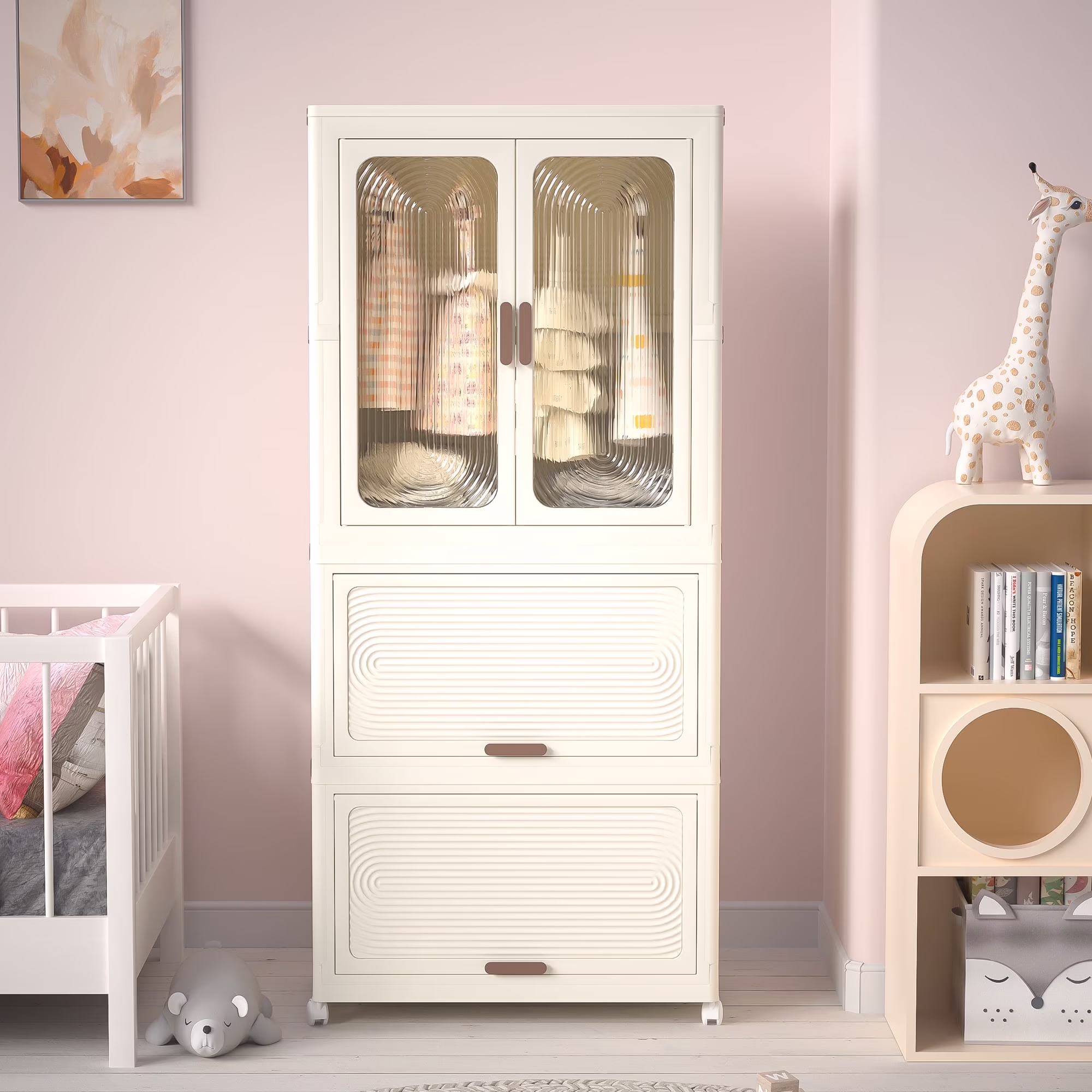 Kids Portable Wardrobe w/ Magnetic Doors Hanging Rod 4-Cube Plastic Storage Cabinet,Nursery/Bedroom(4 Cubes)