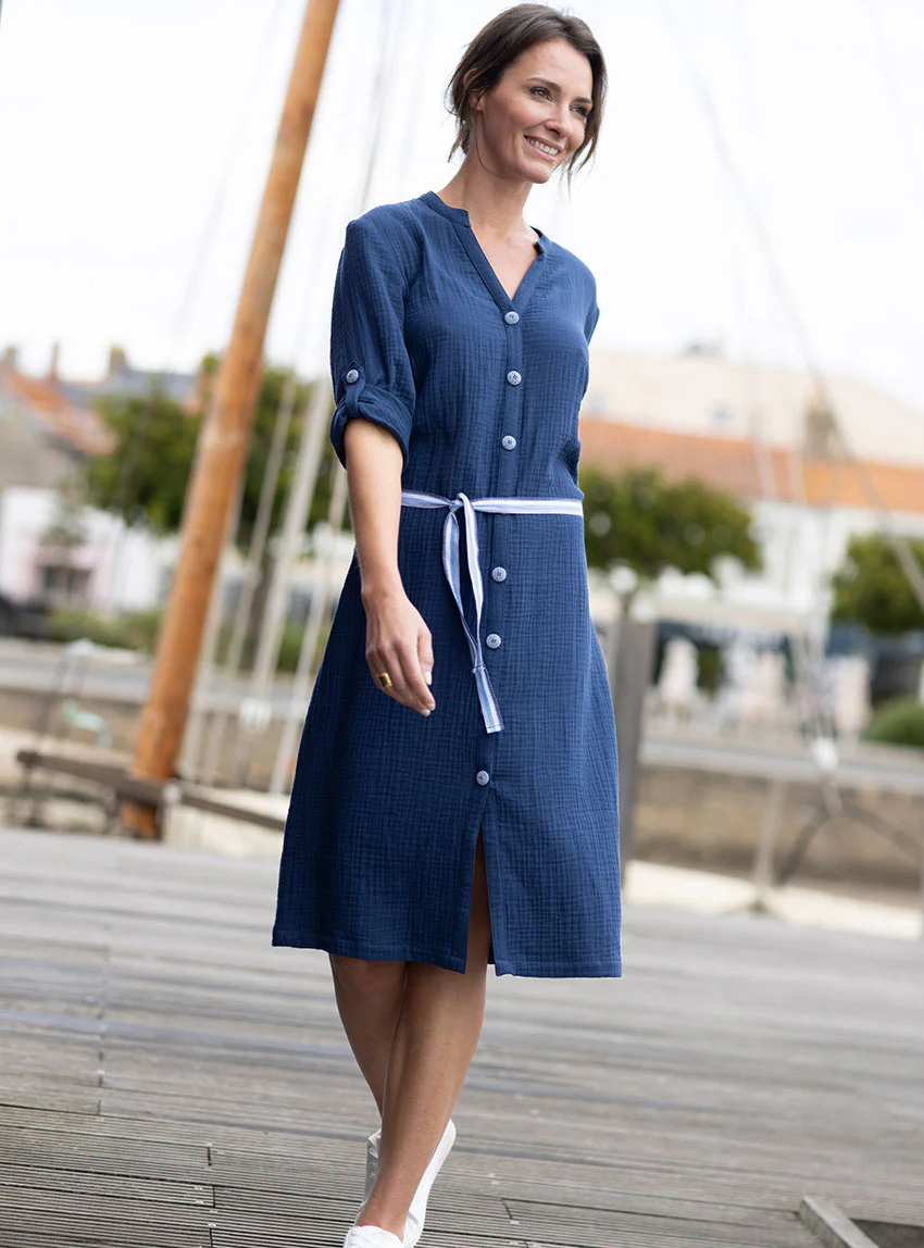 Robe femme en gaze de coton bleu indigo