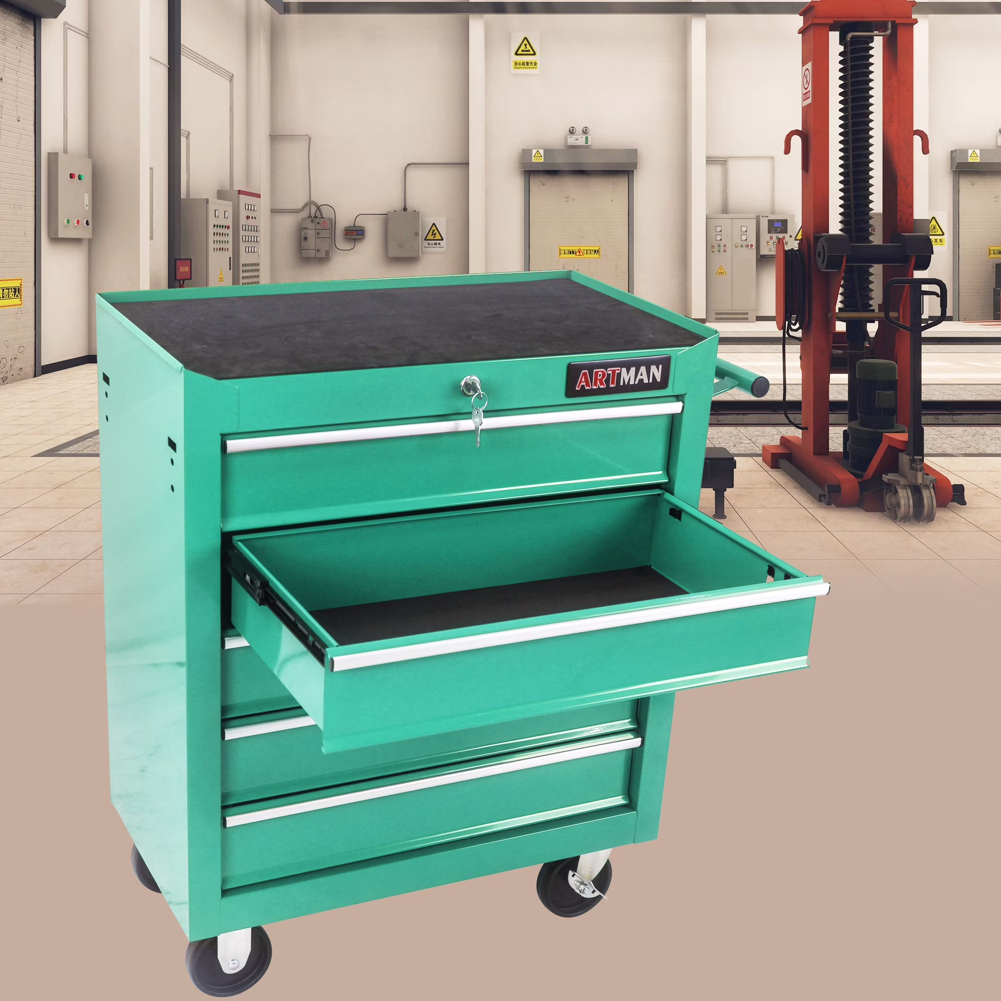 Lisonu 5-Drawer Rolling Tool Chest, Mobile Tool Storage Cabinet with Locking System & Wheels, Heavy-Duty Steel Organizer for Garage and Workshop, Green
