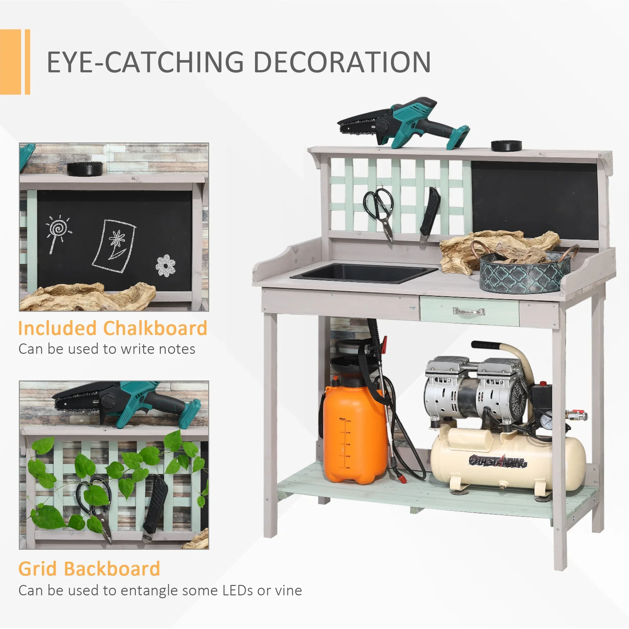 Outdoor Wooden Potting Bench Table with Removable Sink, Garden Work Station with Chalkboard, Drawer, Open Shelf Storage, Light Gray
