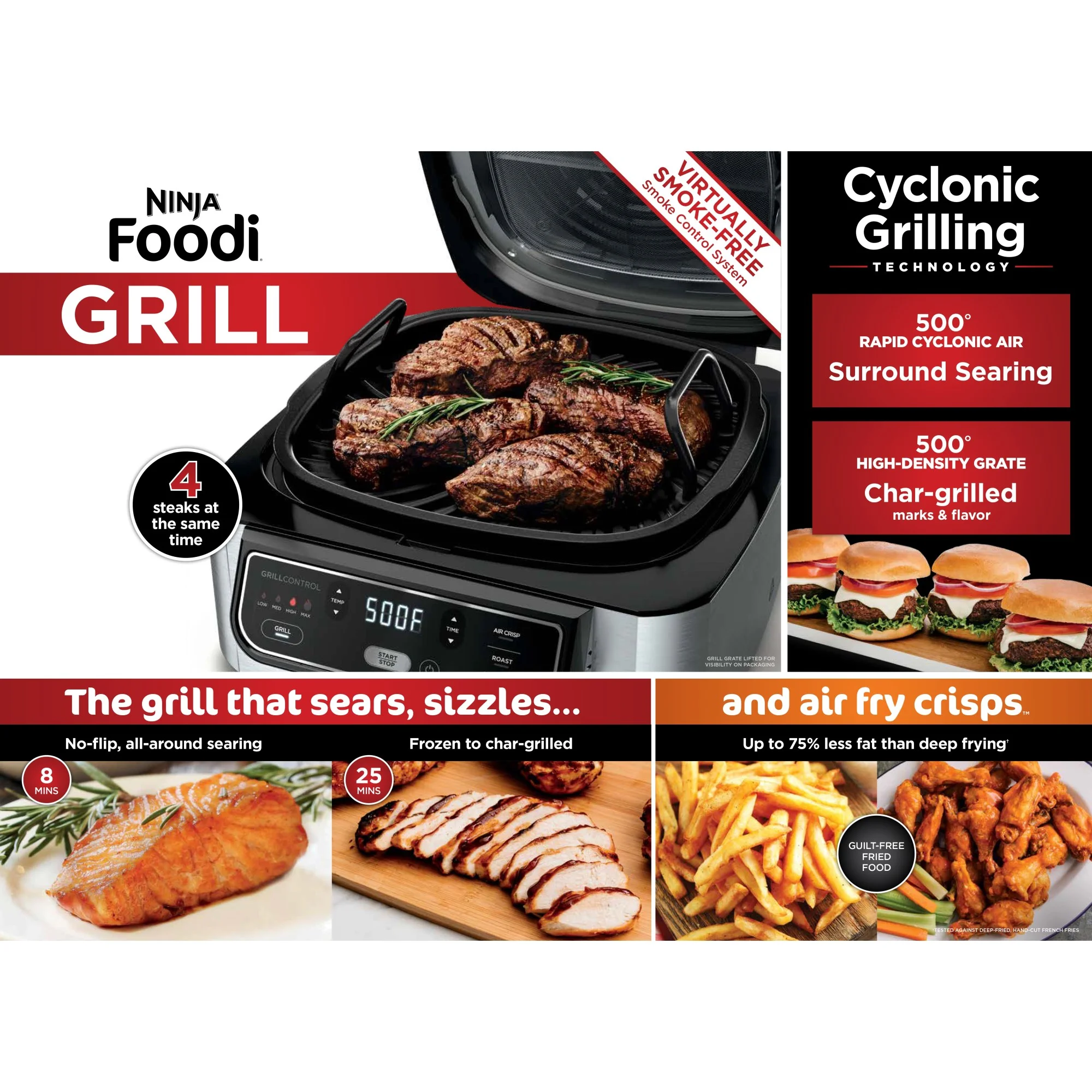 Foodi 4 in 1 Indoor Grill with 4 Qt Air Fryer, Roast, Bake, Cyclonic Grilling Technology, Black/Stainless Image 7