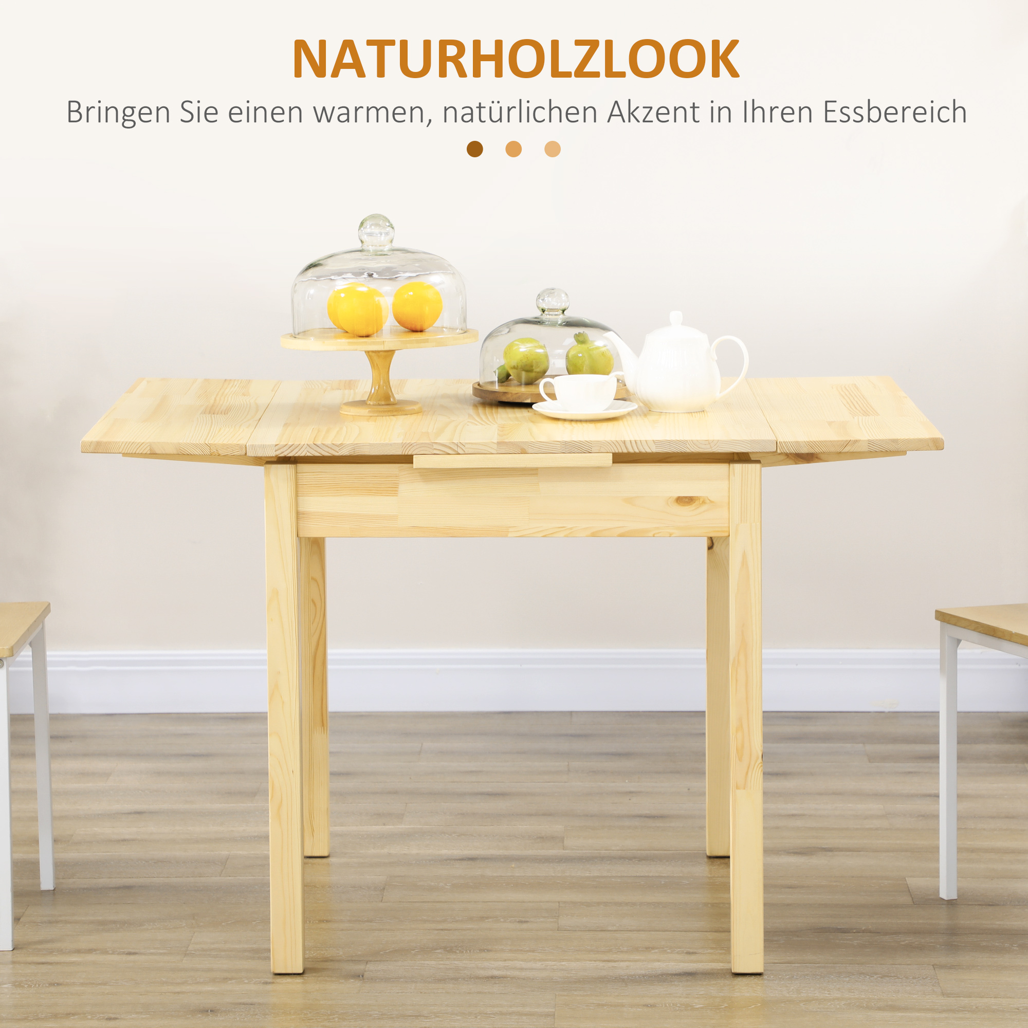 HOMCOM Massief houten eettafel, opklapbare tafel, uitbreidbaar, naturel