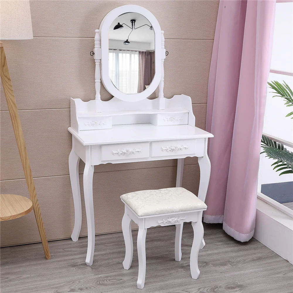 Vanity Jewelry Wooden Makeup Dressing Table Set W/Stool Mirror Cabinet 4 Drawer - Image 2