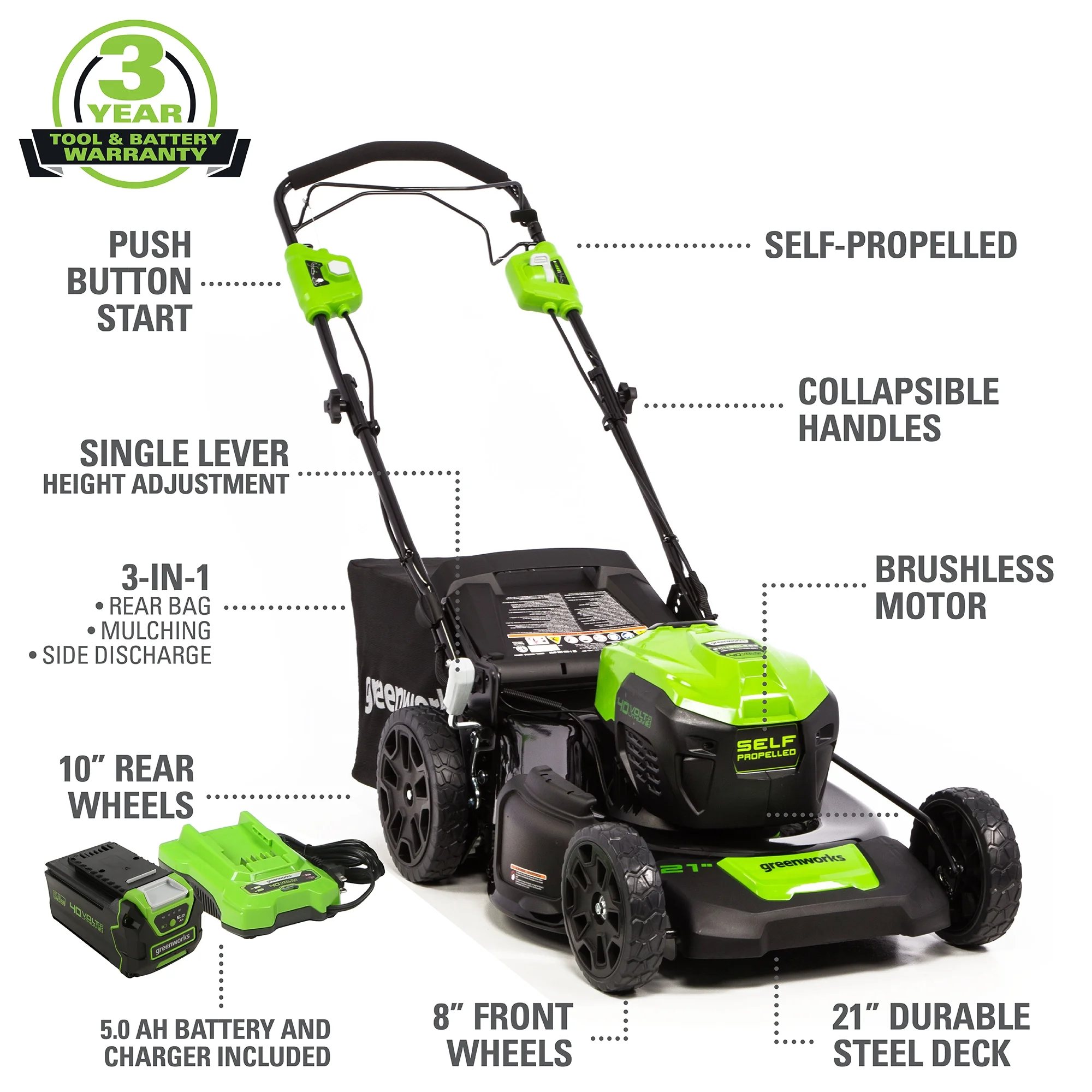 40V 21-inch Brushless Self-Propelled Lawn Mower W/5.0 Ah Battery and Charger, 2516402 - Image 2
