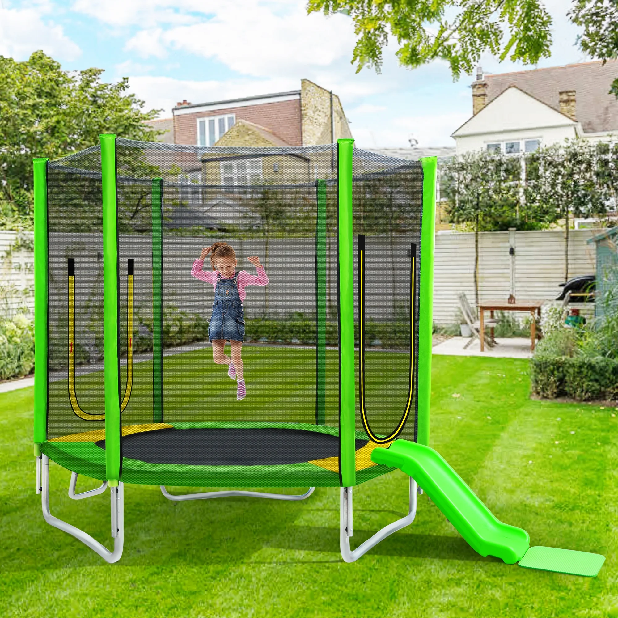 7ft Trampoline for Kids, Trampoline with Safety Enclosure Net, Outdoor Trampoline with Slide & Ladder and Soft Pad, 220 lb Capacity, Easy Assembly, Indoor Use, Green