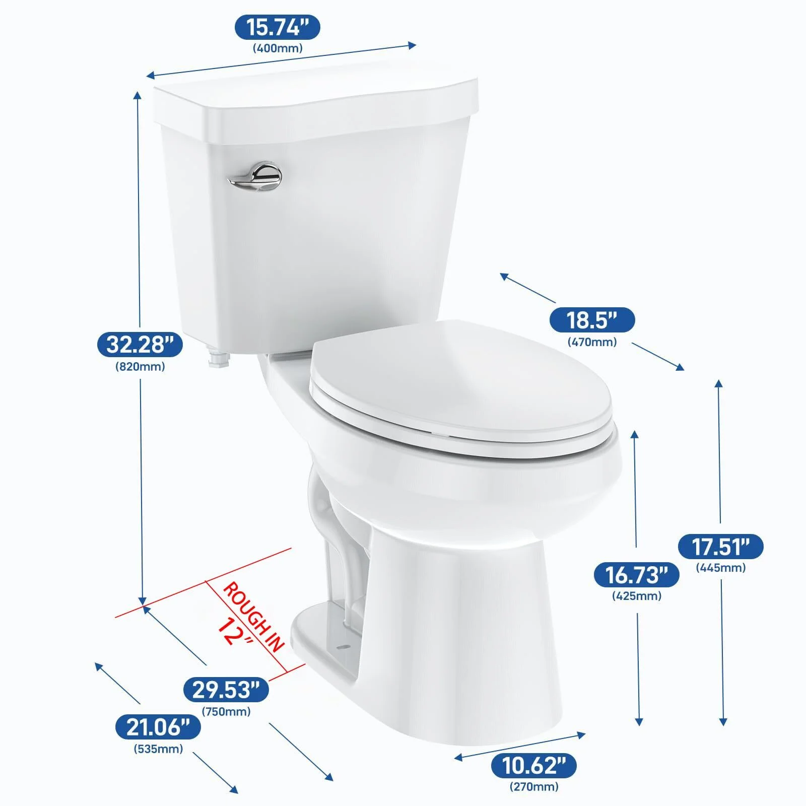 Two-Piece Elongated 1.28 GPF Siphonic Flush Toilet with Soft Close Seat, Universal Height ADA Cotton White (Toilet Seat Included)(Elongated+19") - Image 7