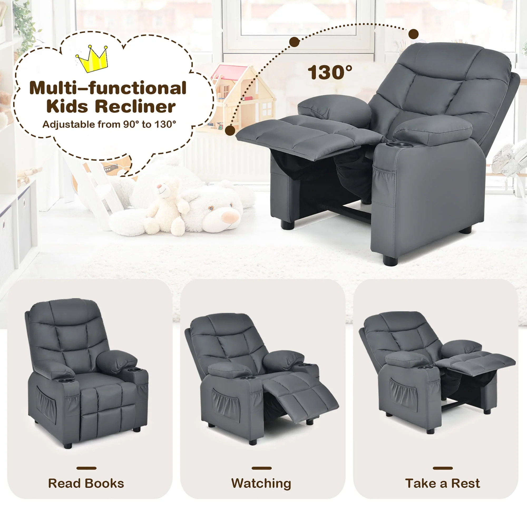Kids Youth Recliner Chair PU Leather w/Cup Holders Side Pockets Grey(Beige) - Image 9