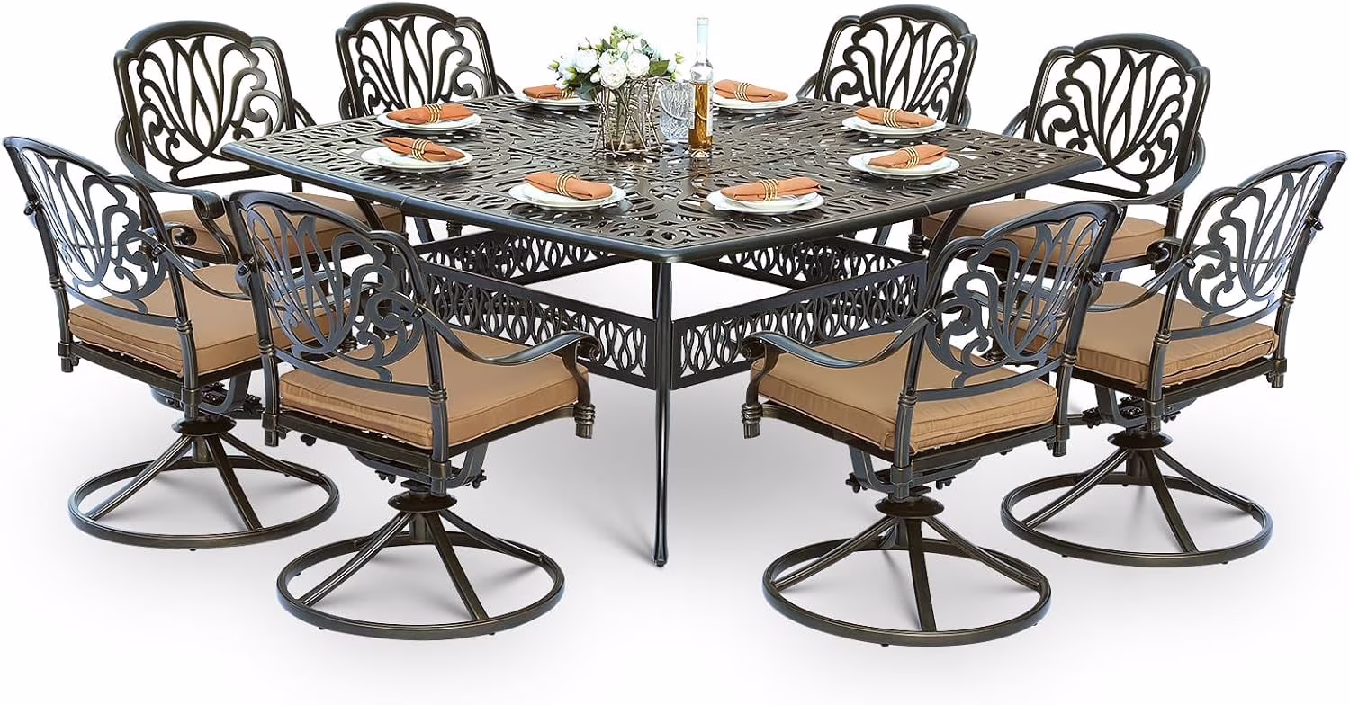 9-Piece Patio Cast Aluminum Dining Set, Outdoor Dining Furniture Set for 8 Person, Includes 64 Square Table and 8 Swivel Rocker Chairs with Umbrella Hole for Patio Deck Garden, Tan