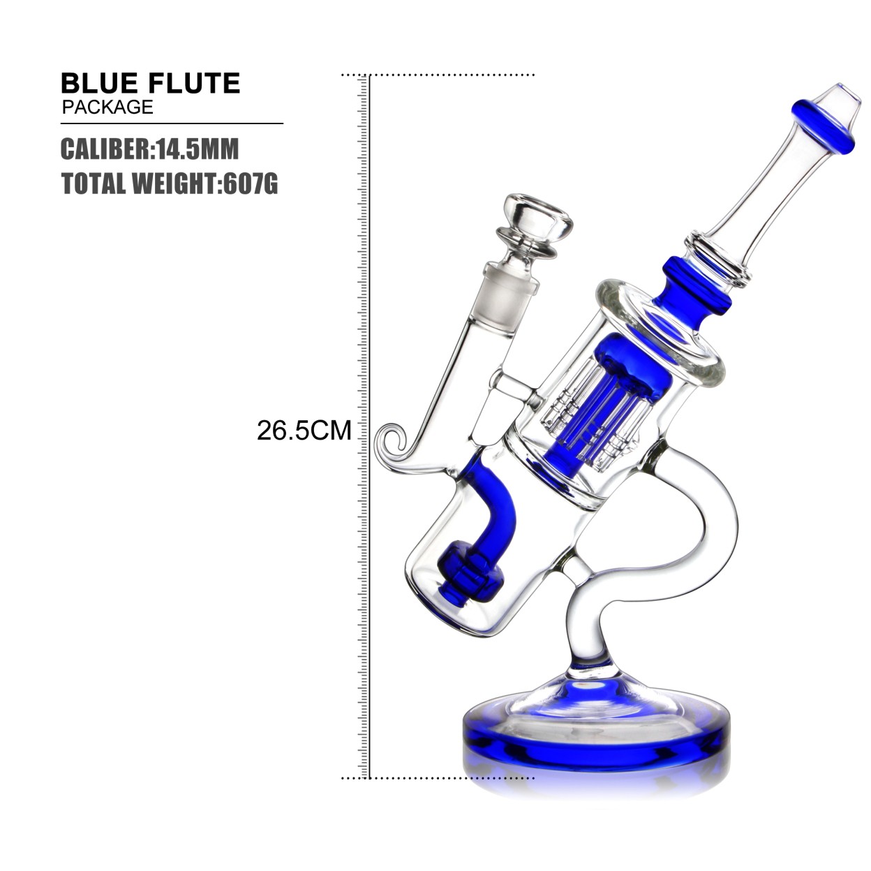 Blue recycler bong dimensions: 26.5 cm tall, 14.5 mm joint, 607 g total weight
