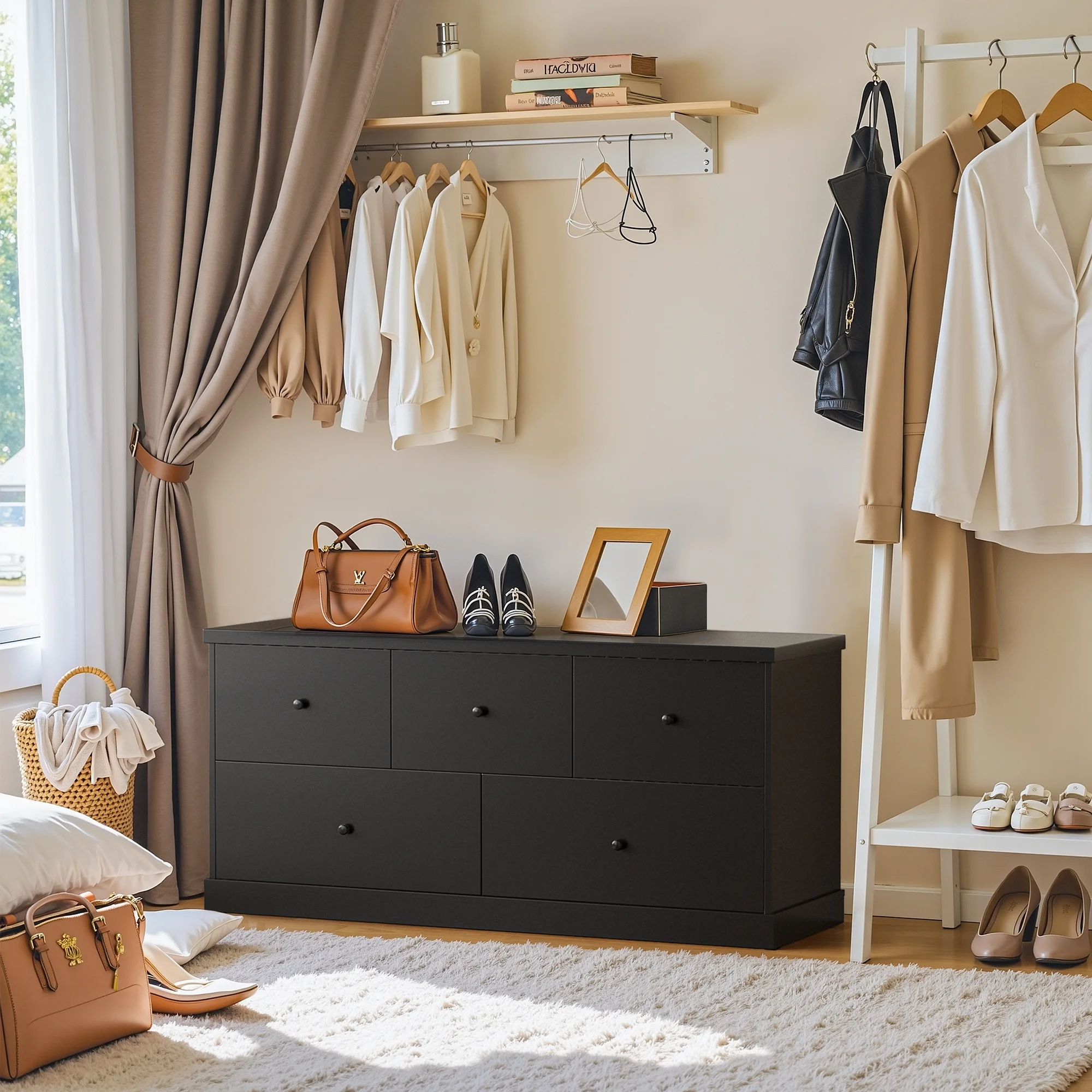 5 Drawer Dresser Wood Storage Cabinet Double Tier Chest of Drawer TV Stand for Bedroom, Living Room, Black(Short/Black) - Image 10