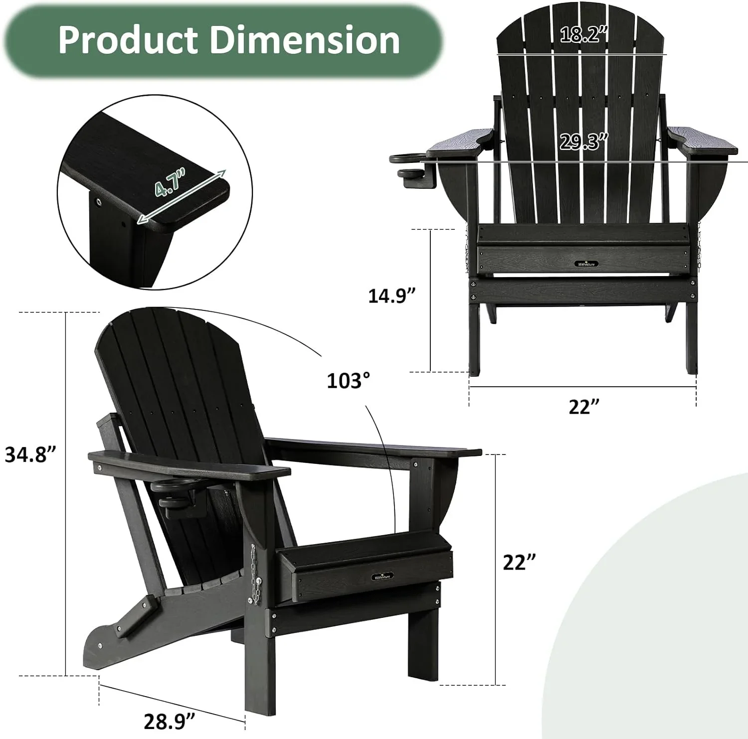 Withniture Folding Adirondack Chairs with Cup Holder, HDPE Adirondack Wood Textured Chairs for Terrace, Lawn, Garden, Backyard Deck(Black)